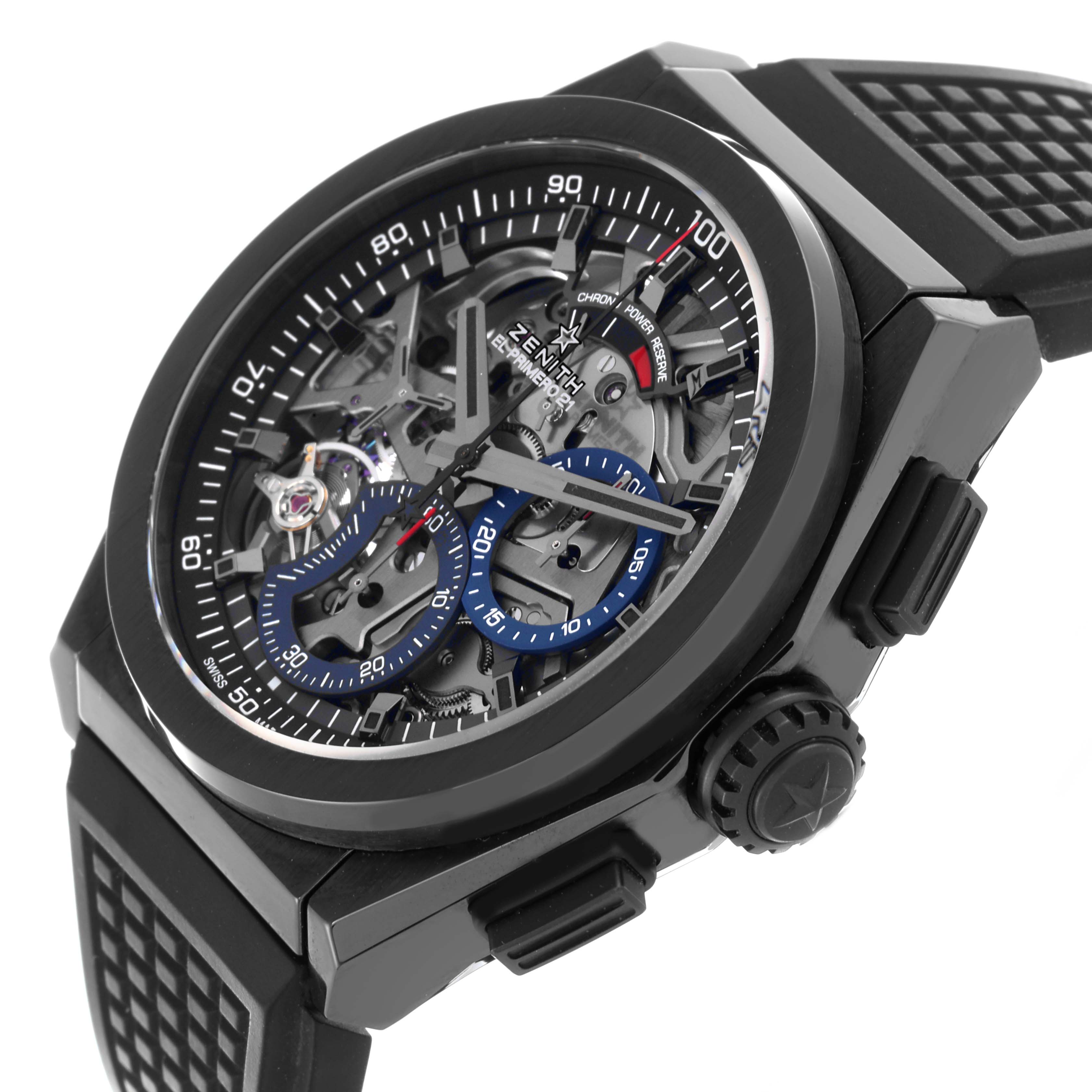 The Zenith El Primero 49.9000.9004/78.R782 Men's Ceramic Black Dial 49.9000.9004/78.R782 Men's Ceramic Black Dial watch is shown at an angle highlighting the face, crown, pushers, and part of the strap.