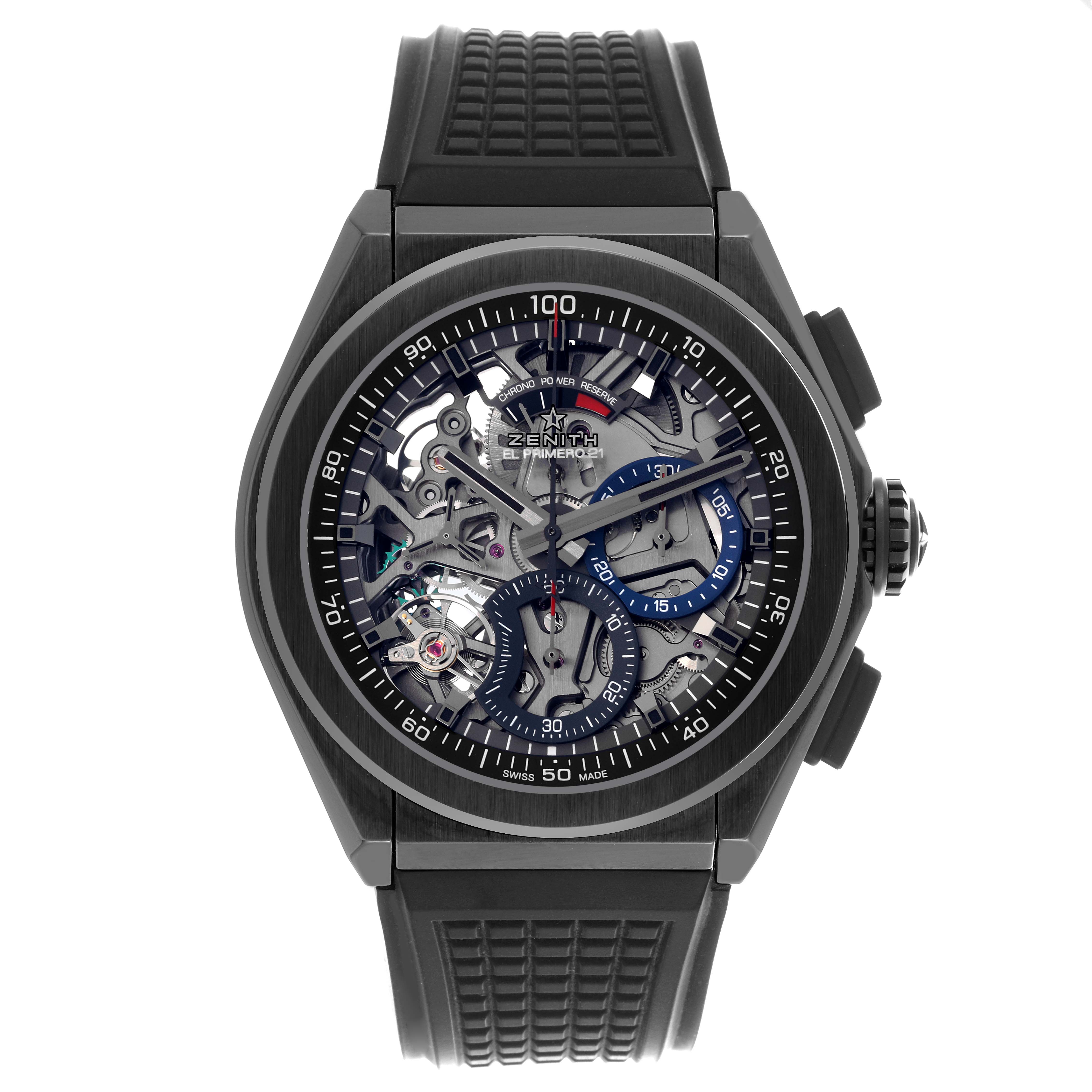 The Zenith El Primero 49.9000.9004/78.R782 Men's Ceramic Black Dial 49.9000.9004/78.R782 Men's Ceramic Black Dial watch is shown from the front, displaying its intricate skeleton dial and rubber strap.