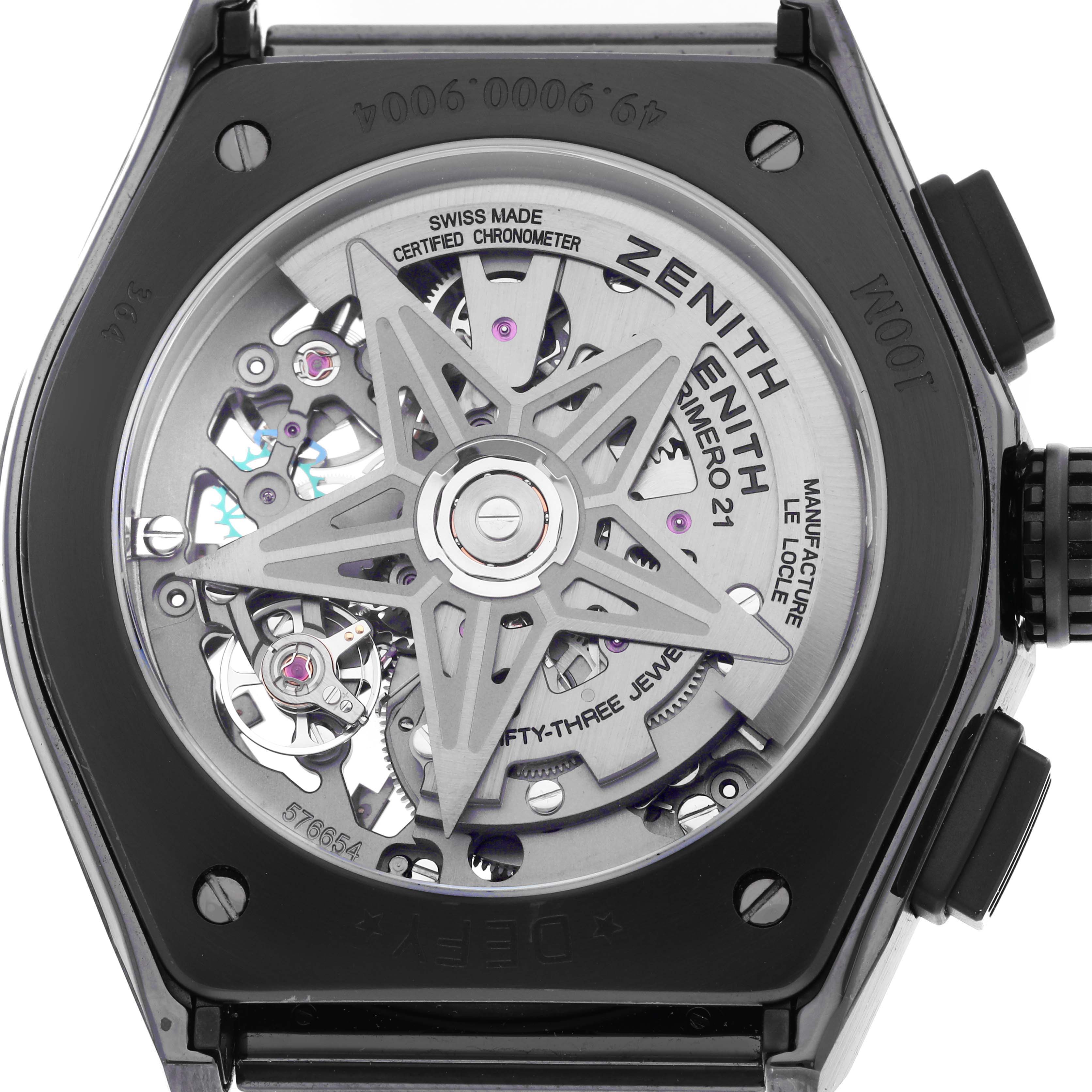 The image shows the back view of the Zenith El Primero 49.9000.9004/78.R782 Men's Ceramic Black Dial 49.9000.9004/78.R782 Men's Ceramic Black Dial model, highlighting the intricate movement and rotor design.