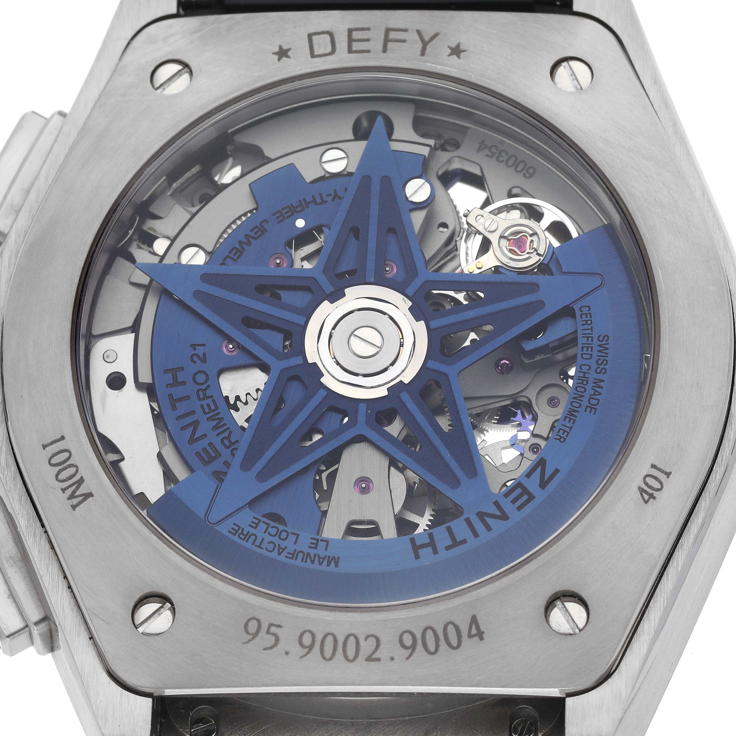 The image shows the back view of the Zenith El Primero 95.9002.9004/78.R584 Men
s Titanium Blue Dial 95.9002.9004/78.R584 Men
s Titanium Blue Dial watch, highlighting its open caseback and movement details.