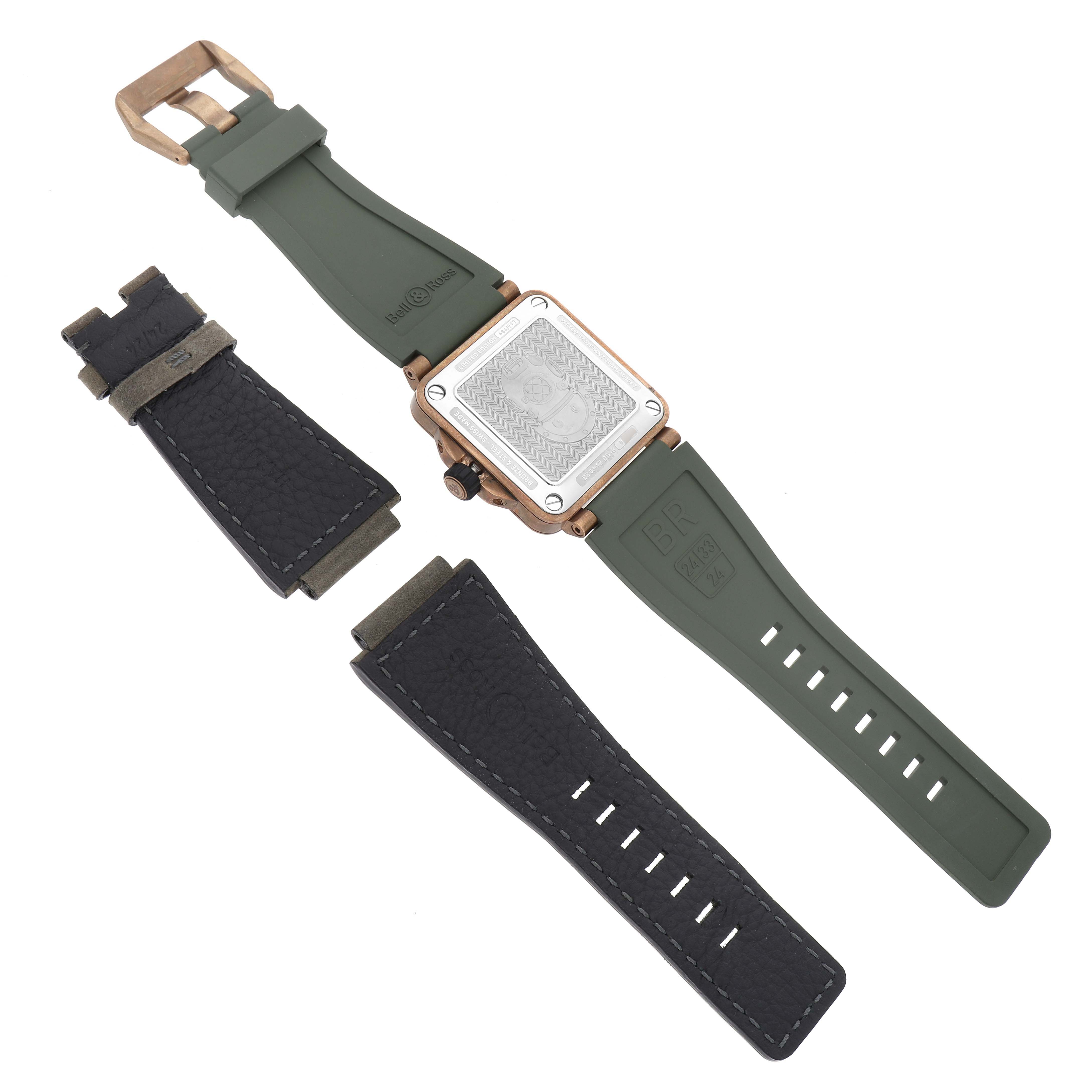 The Bell 
Ross Instruments BR03-92-DIV-B Men
s Bronze Green Dial BR03-92-DIV-B Men
s Bronze Green Dial watch is shown from the back with green and black straps displayed separately.