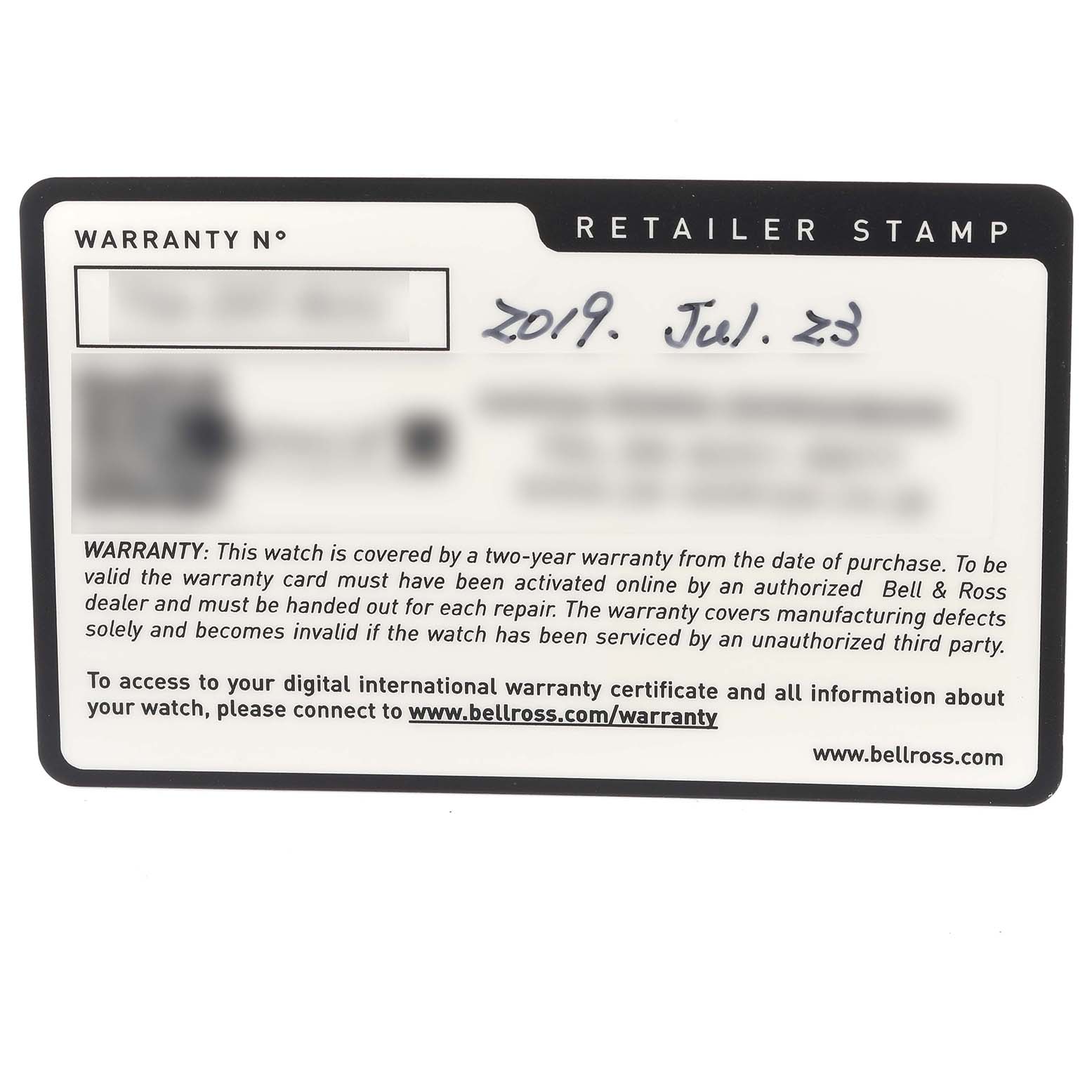 The image shows a warranty card for the Bell 
Ross Instruments BR03-92-DIV-B Men
s Bronze Green Dial BR03-92-DIV-B Men
s Bronze Green Dial model.
