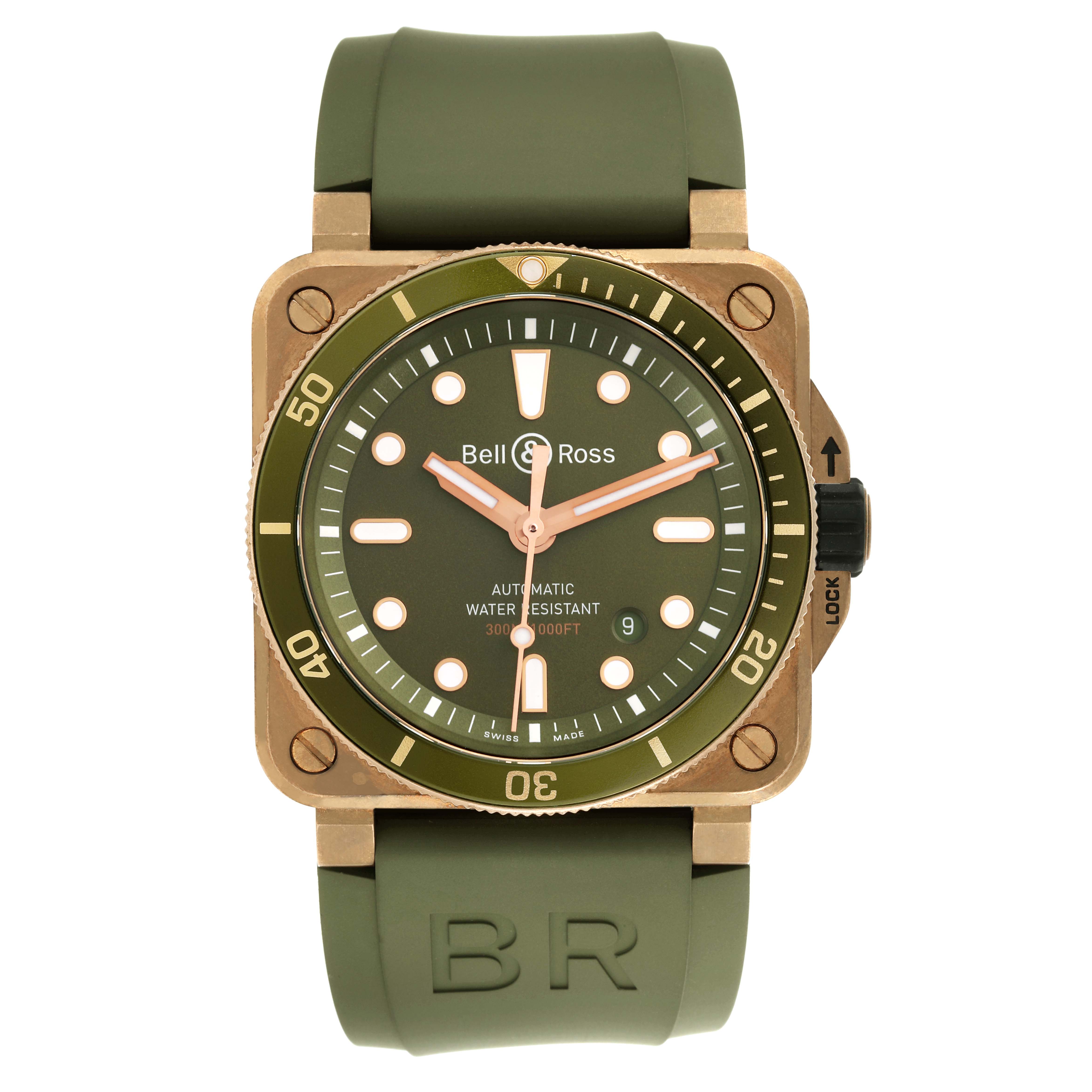 The image shows a front view of a Bell 
Ross Instruments BR03-92-DIV-B Men
s Bronze Green Dial BR03-92-DIV-B Men
s Bronze Green Dial model watch, featuring its dial, bezel, and strap.