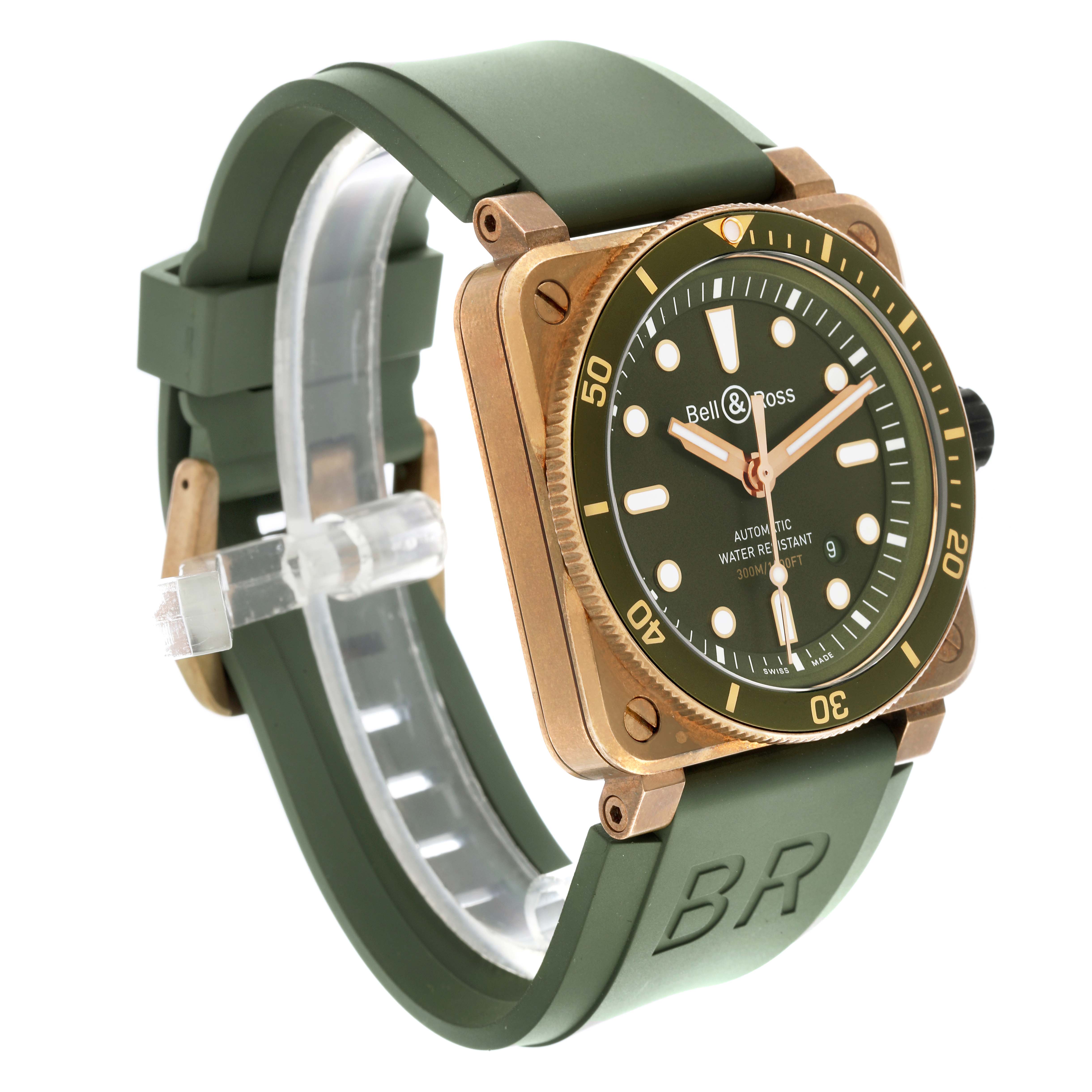 The Bell 
Ross Instruments BR03-92-DIV-B Men
s Bronze Green Dial BR03-92-DIV-B Men
s Bronze Green Dial watch is shown at a three-quarter angle, highlighting the face, bezel, and green strap with "BR" embossed.