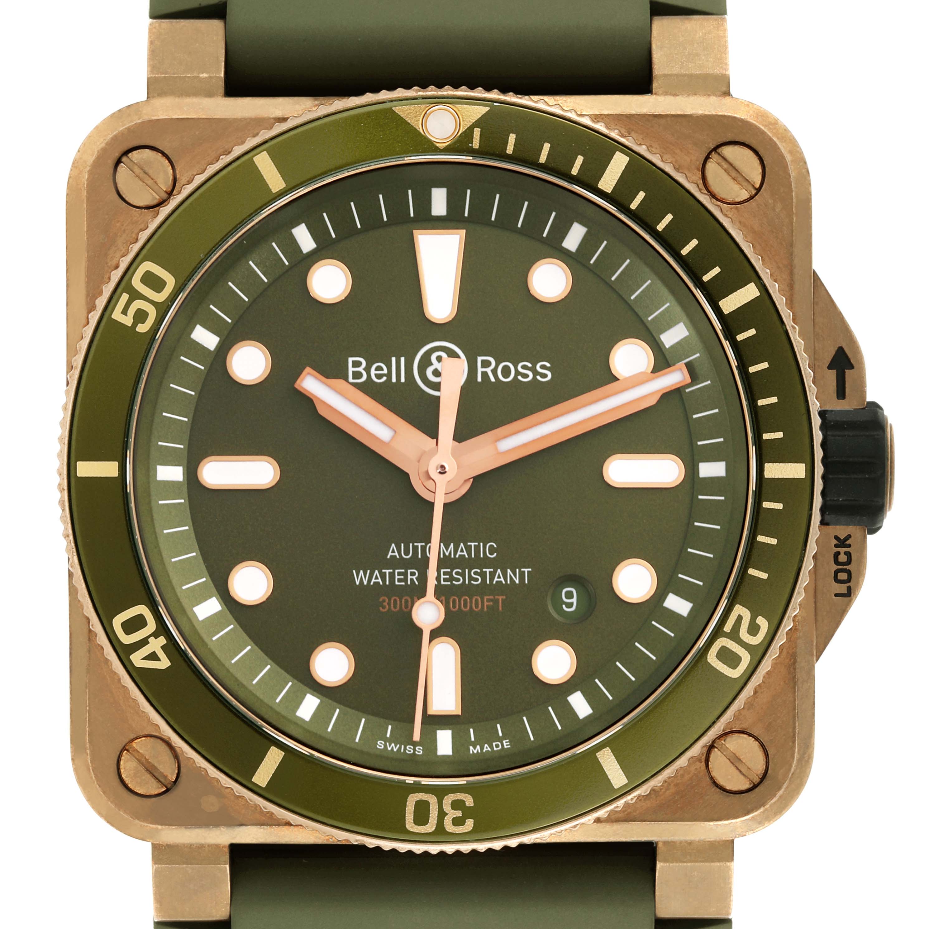The Bell 
Ross Instruments BR03-92-DIV-B Men
s Bronze Green Dial BR03-92-DIV-B Men
s Bronze Green Dial watch is shown from the front, displaying the dial, bezel, and crown.