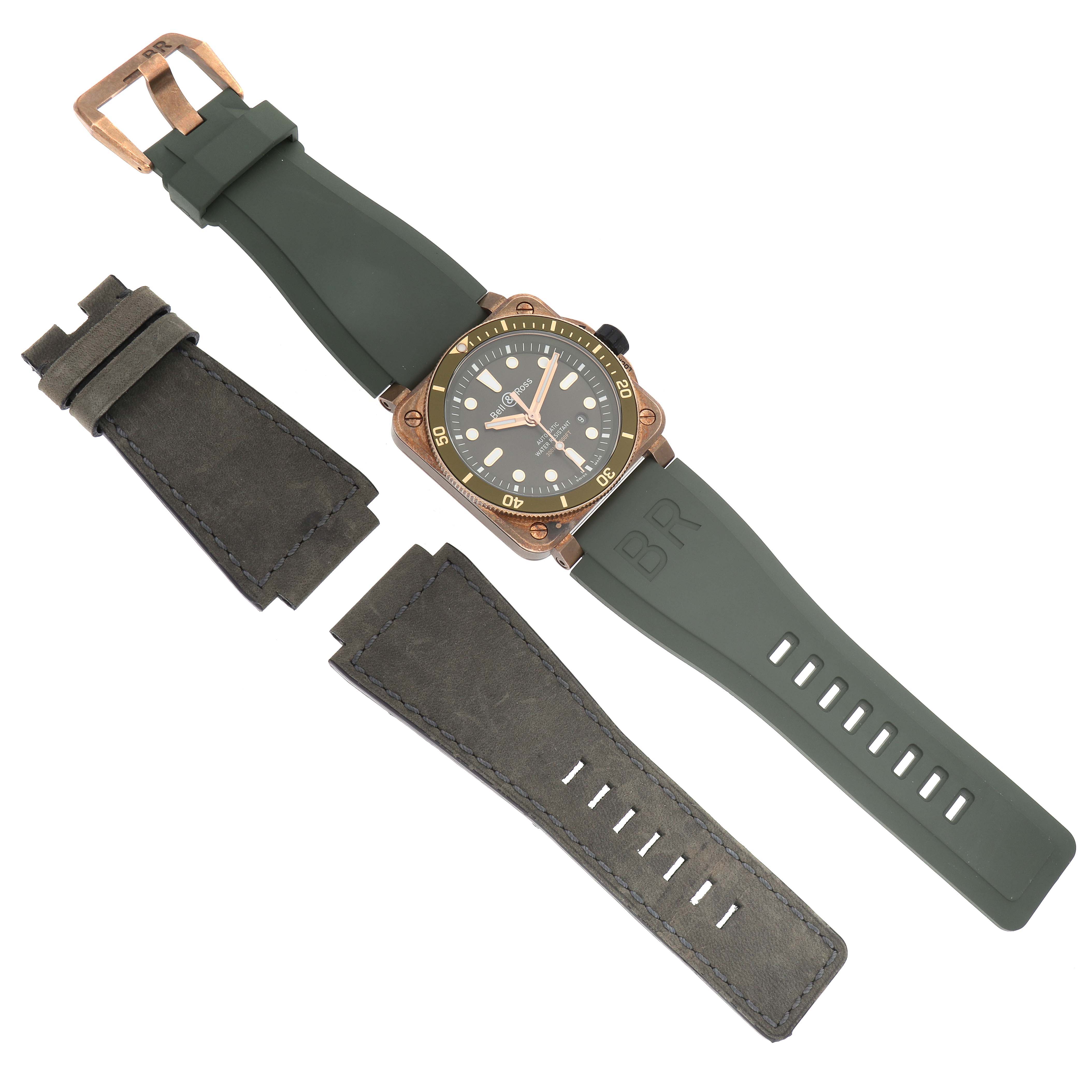 The Bell 
Ross Instruments BR03-92-DIV-B Men
s Bronze Green Dial BR03-92-DIV-B Men
s Bronze Green Dial watch is shown from a top view, with the main watch and two additional straps visible.
