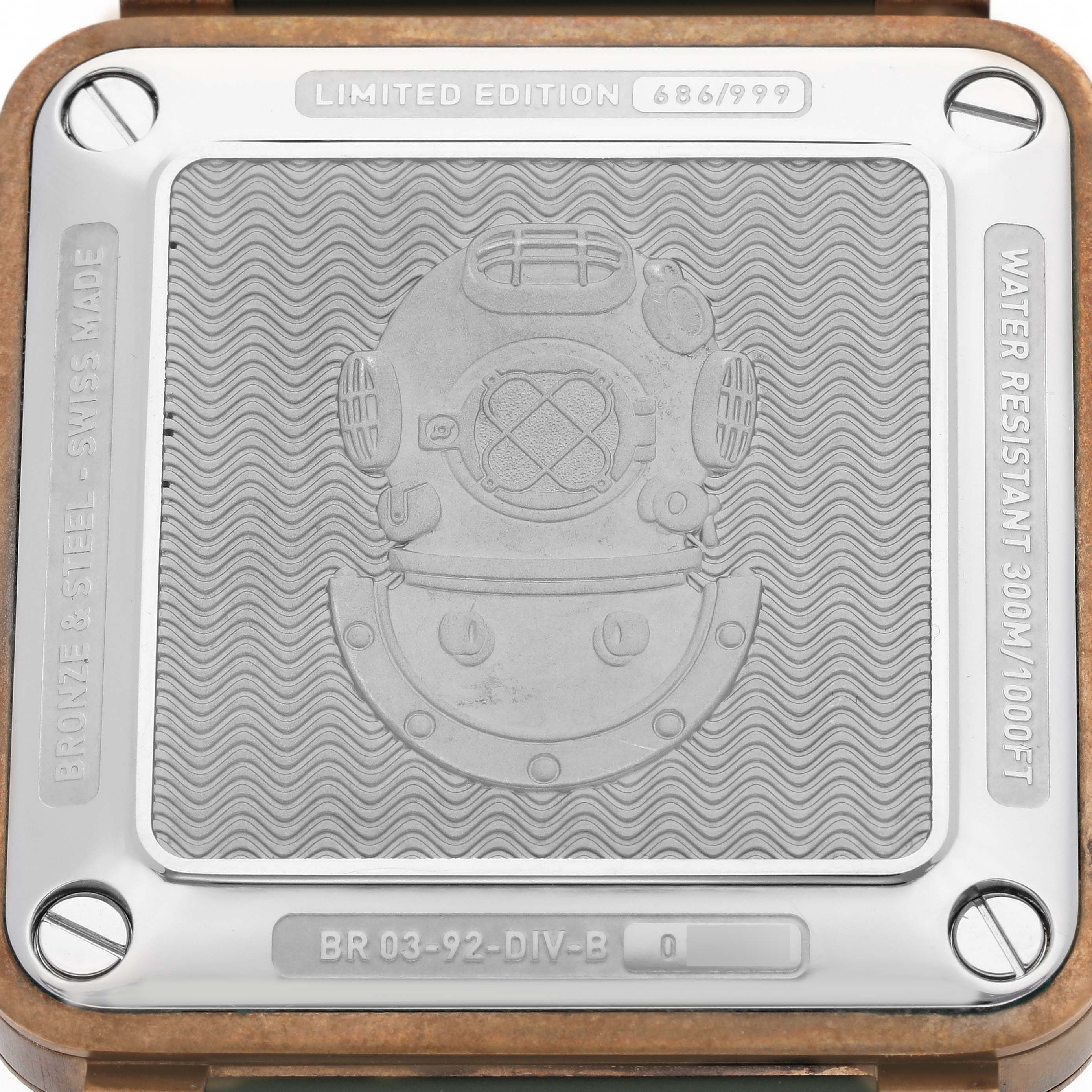 The image shows the back of a Bell 
Ross Instruments BR03-92-DIV-B Men
s Bronze Green Dial BR03-92-DIV-B Men
s Bronze Green Dial watch, highlighting its limited edition number and water resistance details.