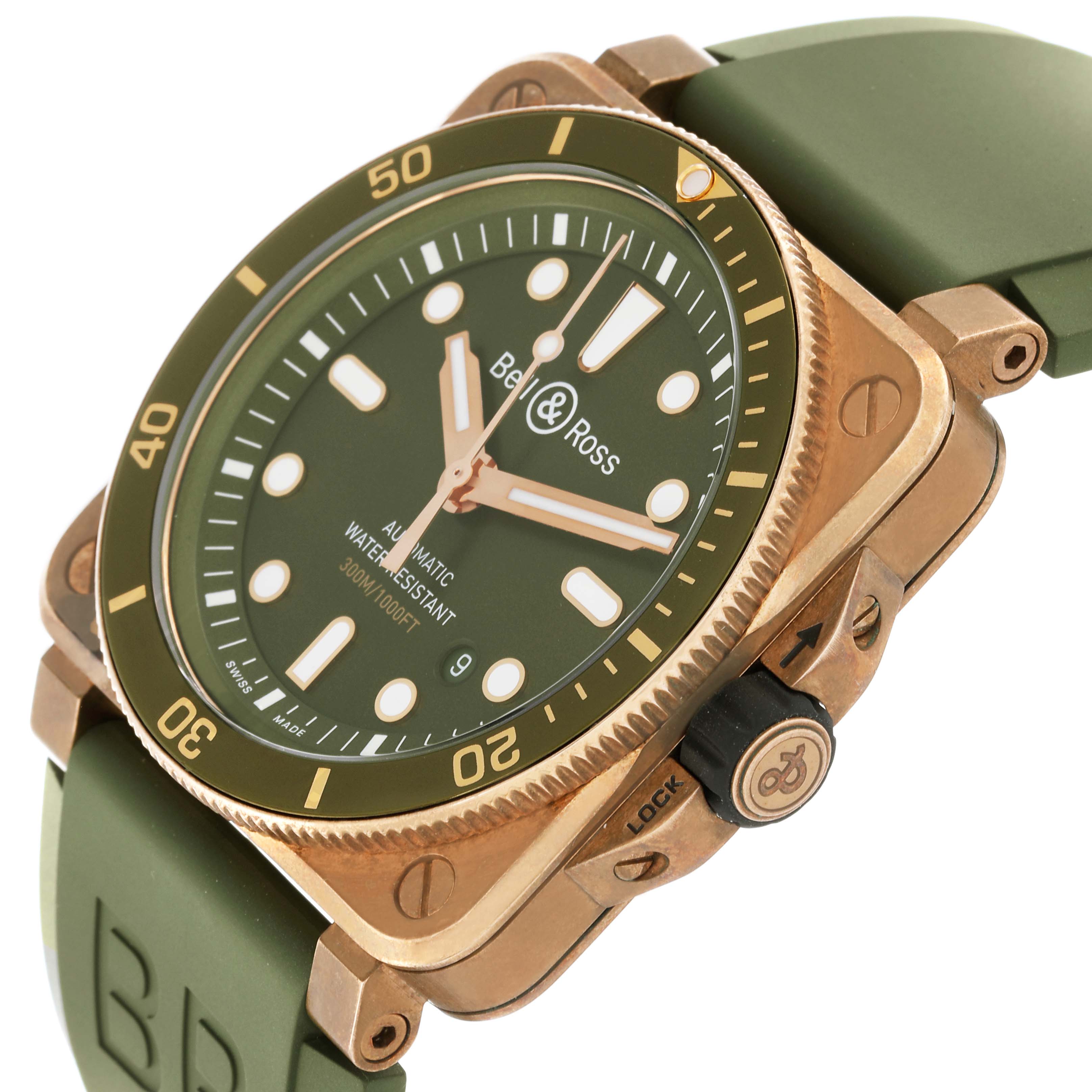 The Bell 
Ross Instruments BR03-92-DIV-B Men
s Bronze Green Dial BR03-92-DIV-B Men
s Bronze Green Dial watch is shown at an angled side view, highlighting the green dial and bronze case.