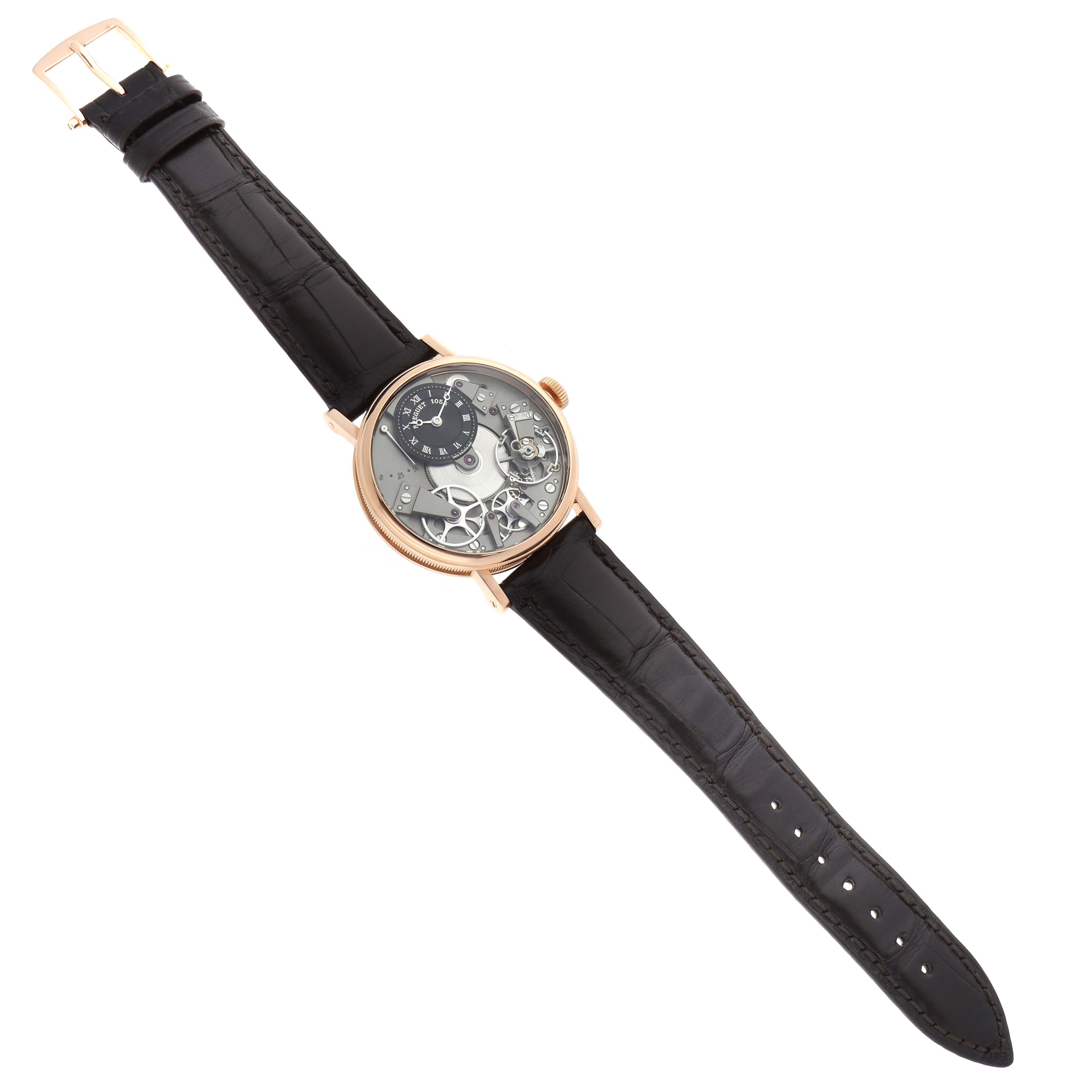 The Breguet Tradition 7027 Men's Rose Gold Grey Dial watch is shown at a slight angle, displaying the front case, dial, and black alligator leather strap.