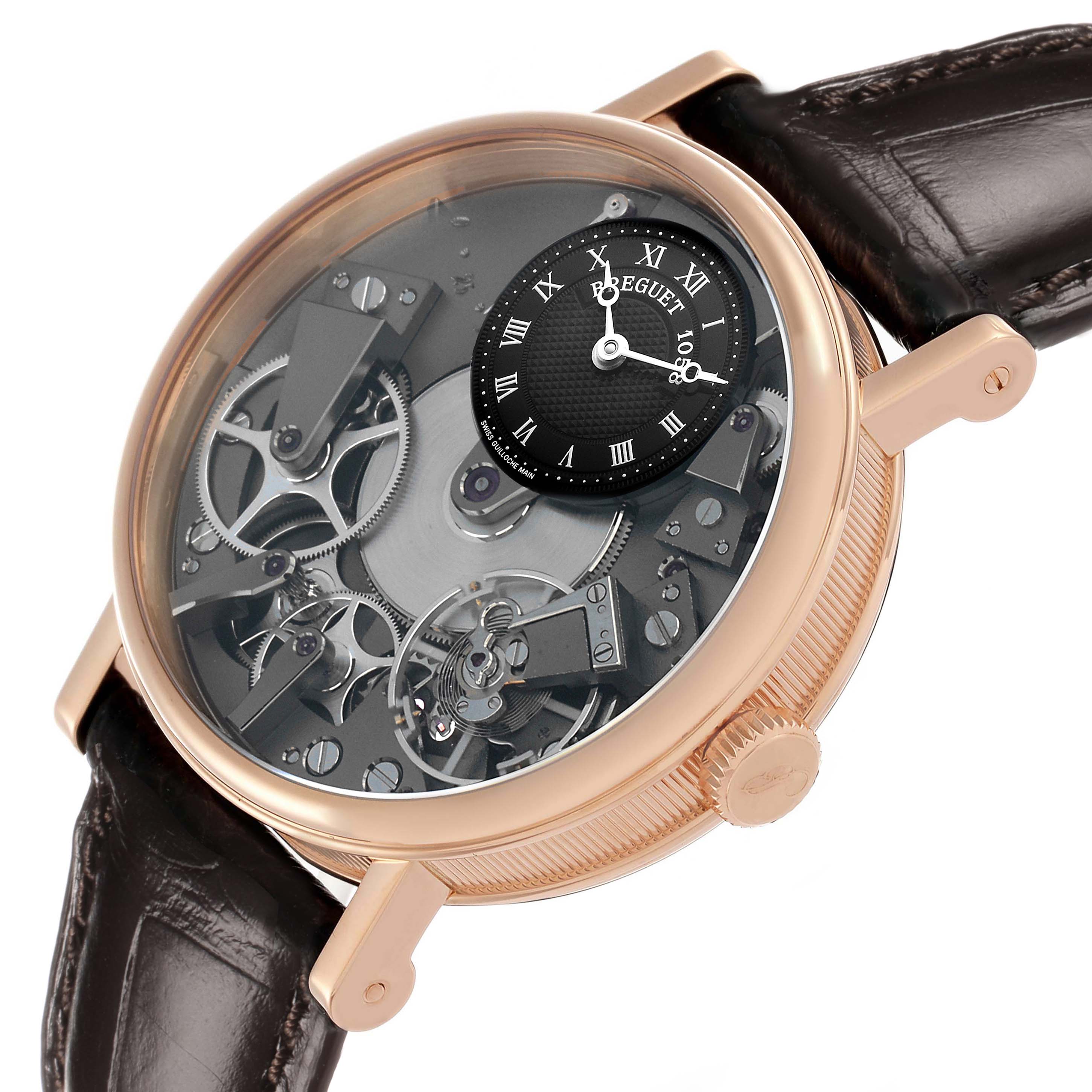 The Breguet Tradition 7027 Men's Rose Gold Grey Dial model is shown from an angled close-up, highlighting its intricate mechanics and small subdial.