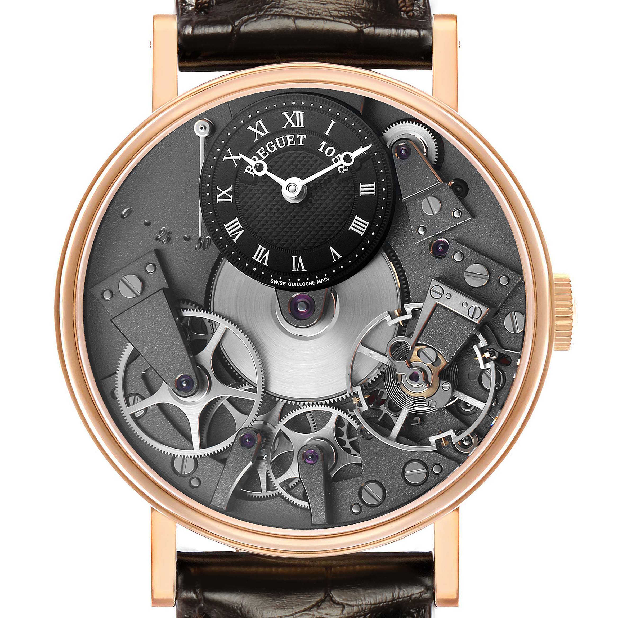 The Breguet Tradition 7027 Men's Rose Gold Grey Dial watch is shown from the front, displaying its intricate open-worked dial and visible movement components.