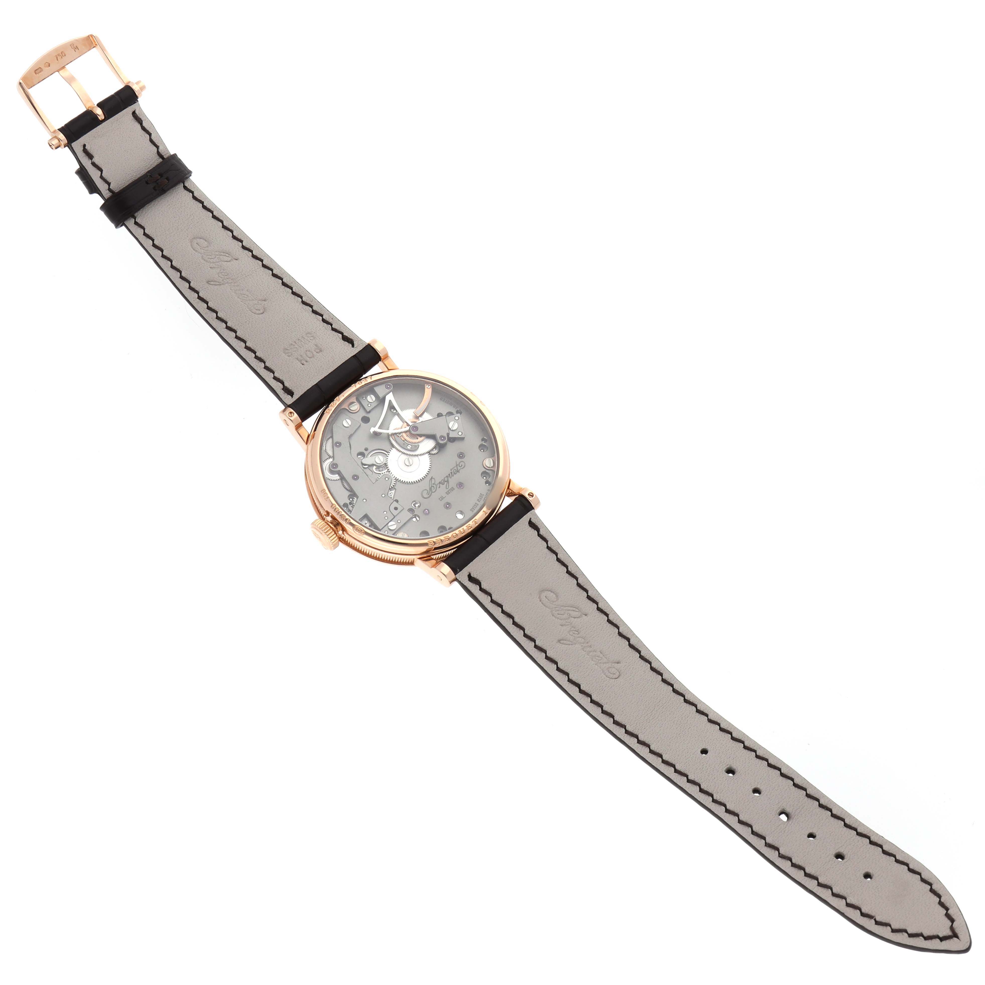 The Breguet Tradition 7027 Men's Rose Gold Grey Dial watch is shown from a top view displaying the face, case, crown, and strap.