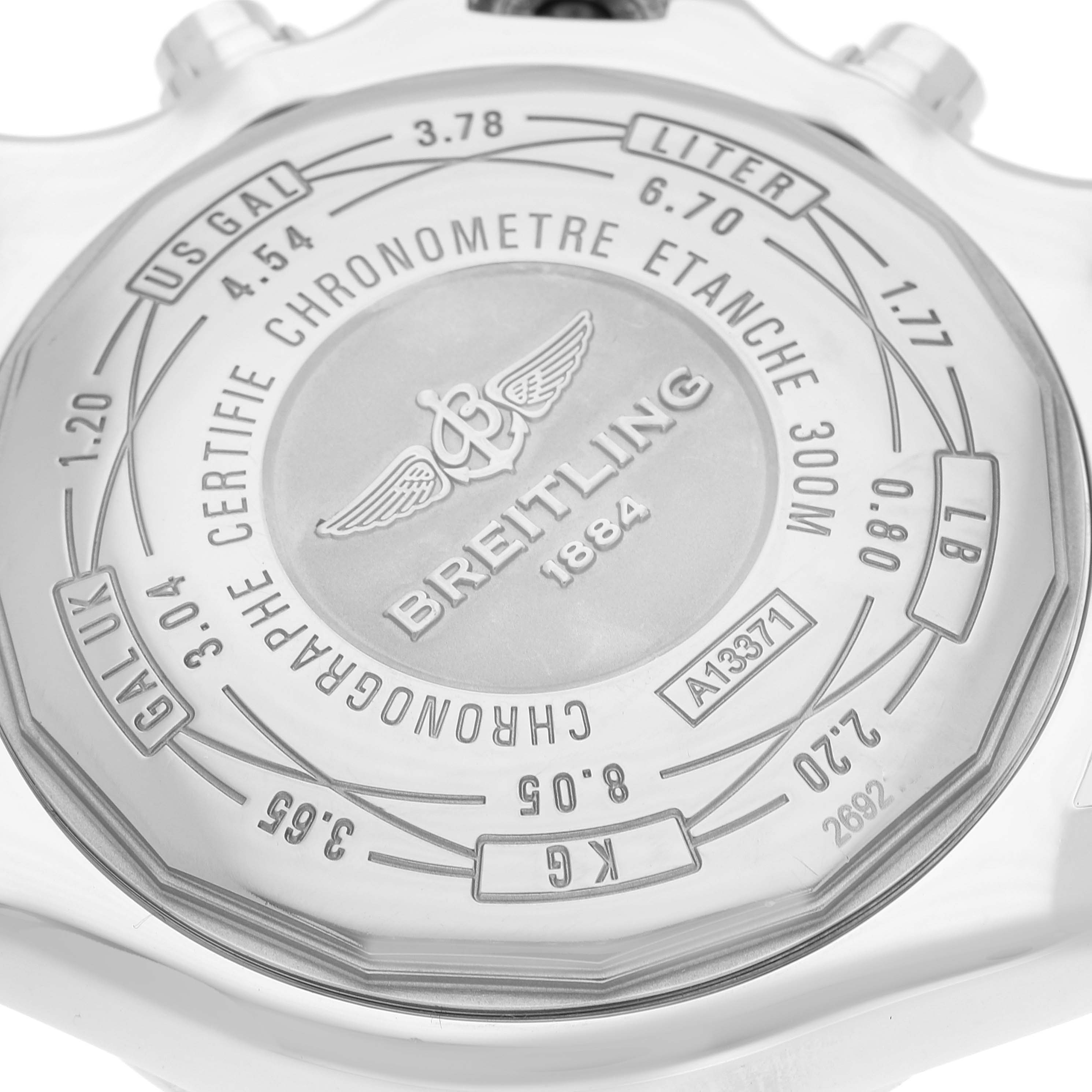 The image shows the back case of a Breitling Avenger A13371 Men's Stainless Steel Black Dial A13371 Men's Stainless Steel Black Dial watch, detailing measurements and the Chronometre certification.