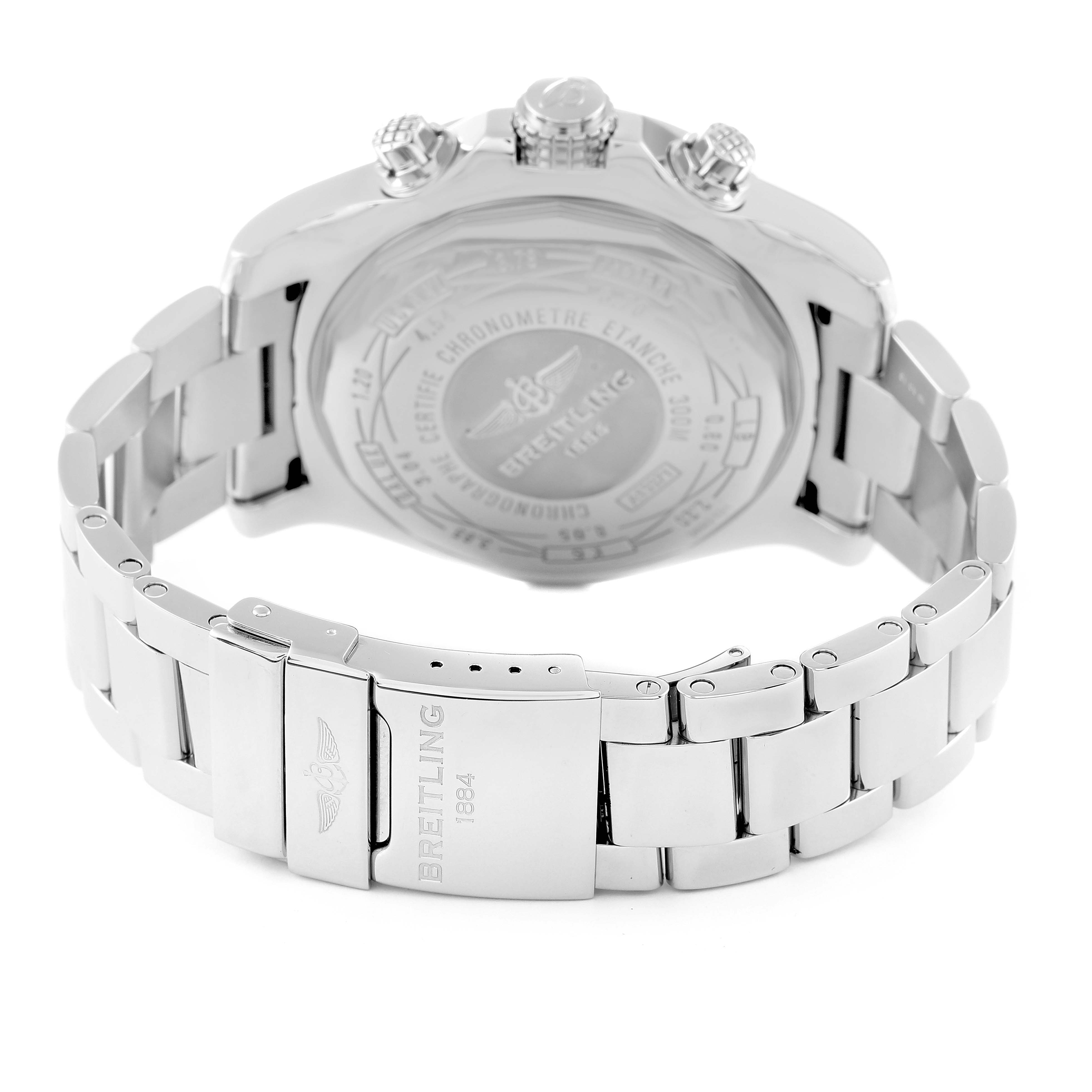 The image shows the back view and clasp of a Breitling Avenger A13371 Men's Stainless Steel Black Dial A13371 Men's Stainless Steel Black Dial watch with a metal bracelet.