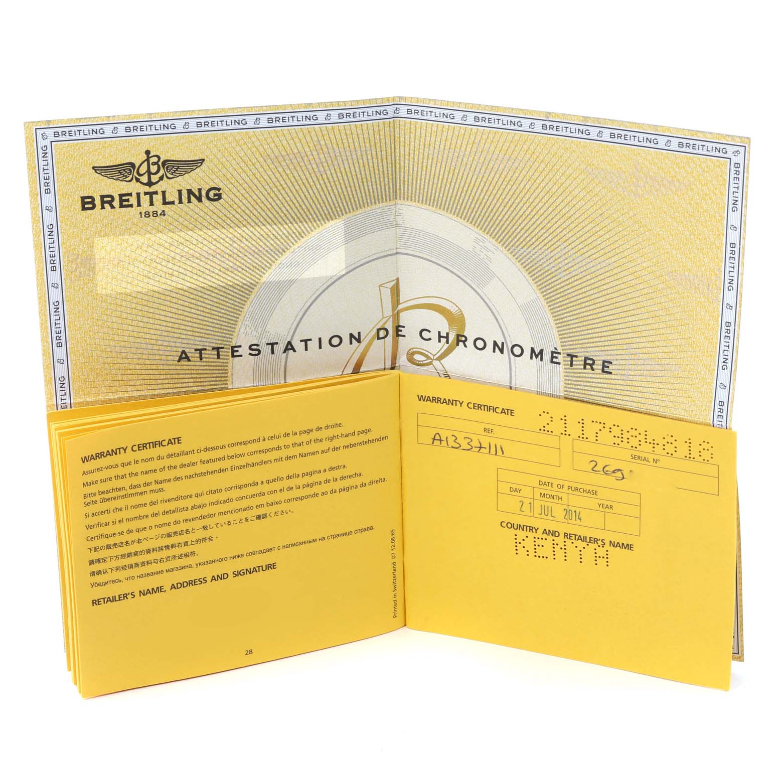 The image shows the warranty certificate and chronometer attestation for a Breitling Avenger A13371 Men's Stainless Steel Black Dial A13371 Men's Stainless Steel Black Dial watch.