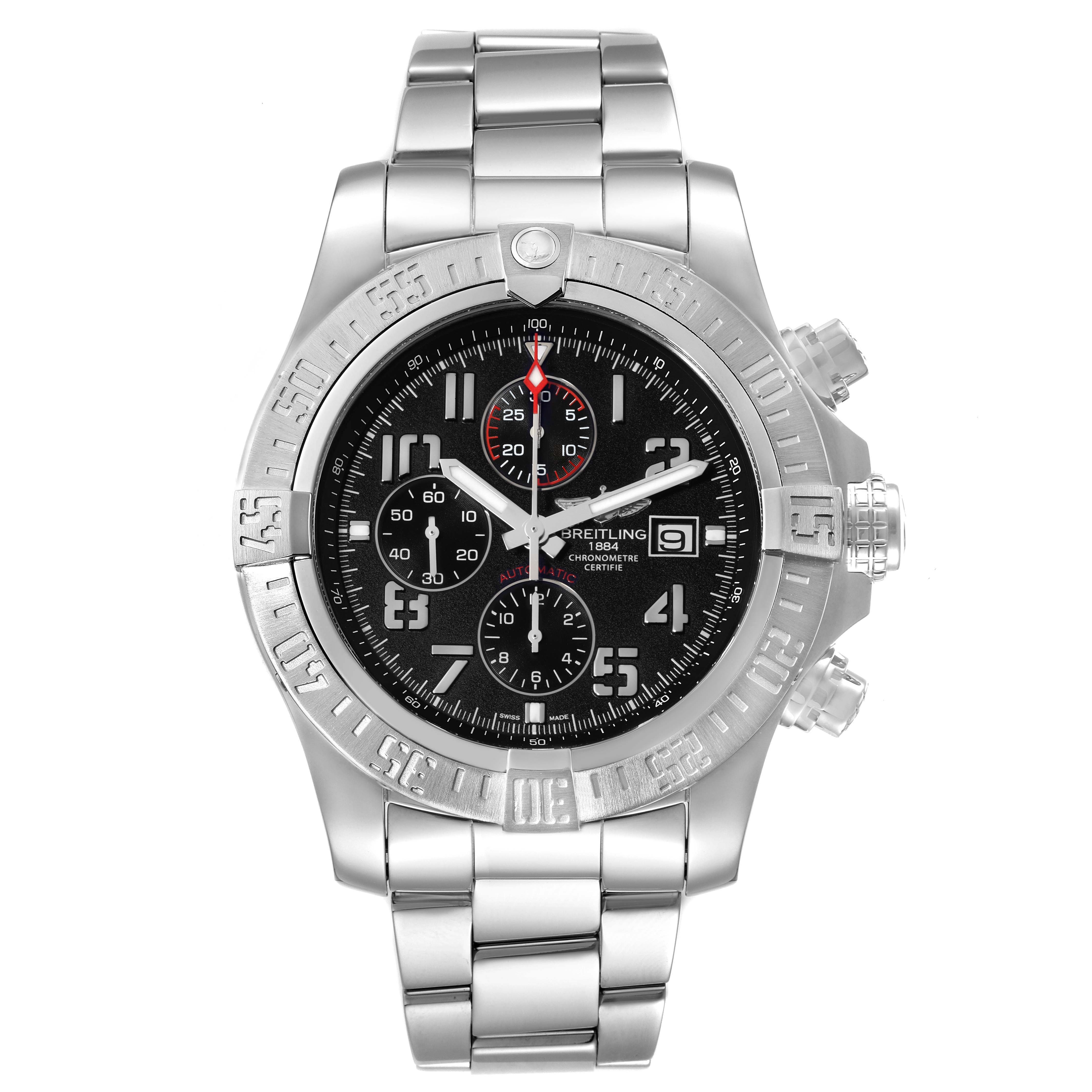 The image shows a front angle of a Breitling Avenger A13371 Men's Stainless Steel Black Dial A13371 Men's Stainless Steel Black Dial watch, displaying its face, bezel, and stainless steel bracelet.