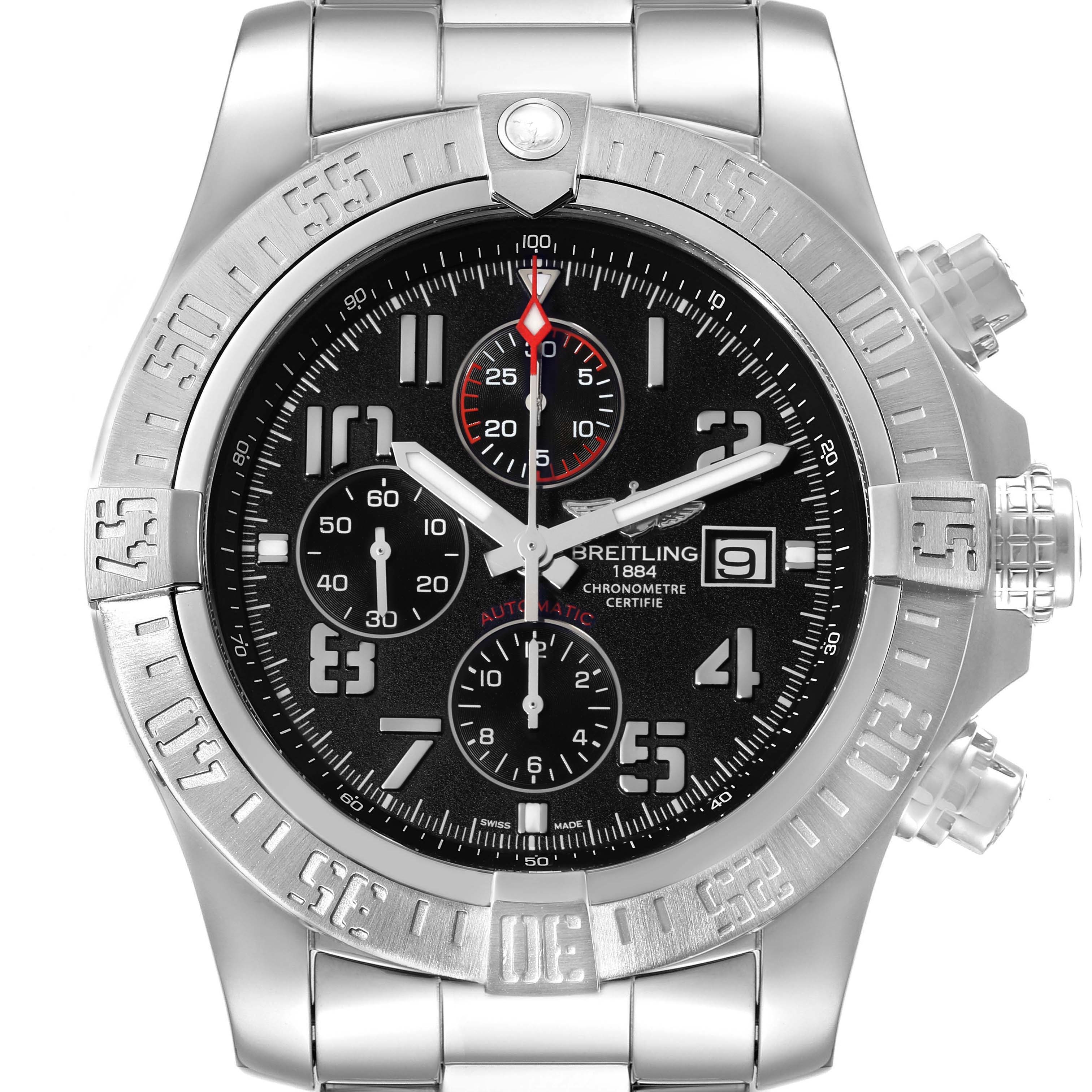 The image shows the front view of a Breitling Avenger A13371 Men's Stainless Steel Black Dial A13371 Men's Stainless Steel Black Dial watch, displaying its dial, bezel, and stainless steel bracelet.