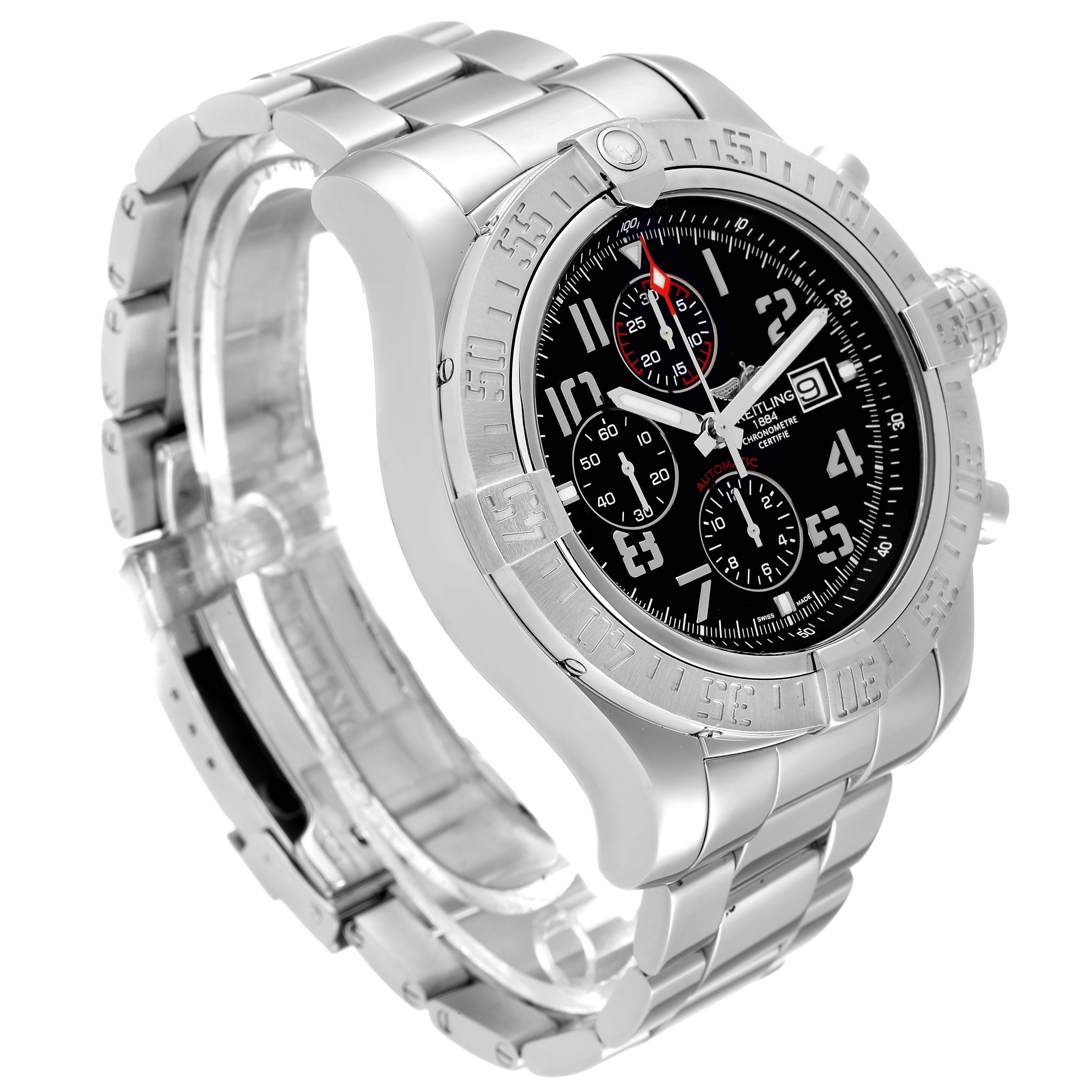 The Breitling Avenger A13371 Men's Stainless Steel Black Dial A13371 Men's Stainless Steel Black Dial watch is shown at a three-quarter angle, highlighting the dial, bezel, and metal bracelet.