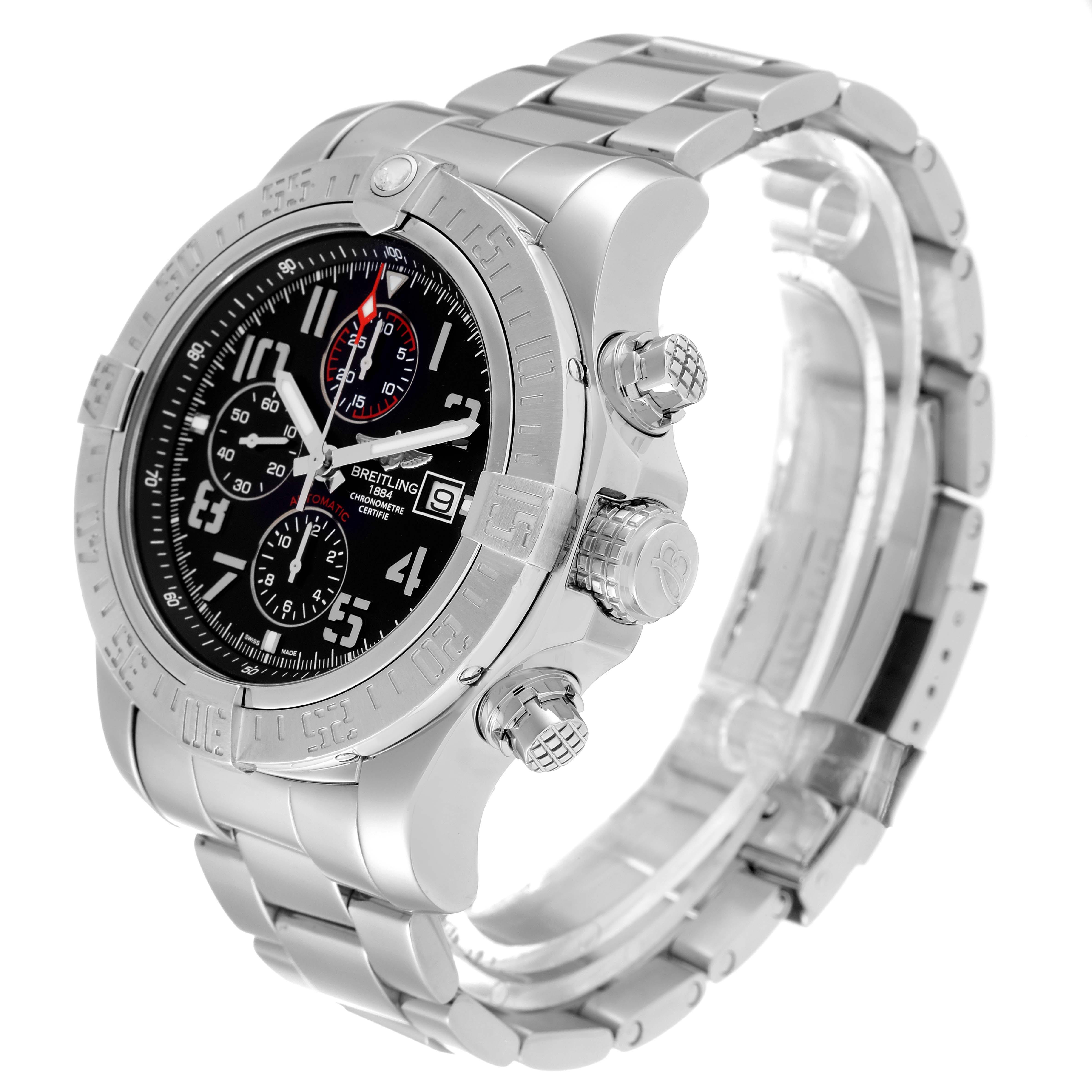 The Breitling Avenger A13371 Men's Stainless Steel Black Dial A13371 Men's Stainless Steel Black Dial watch is shown at a three-quarter angle, displaying its face, bezel, side buttons, and steel bracelet.