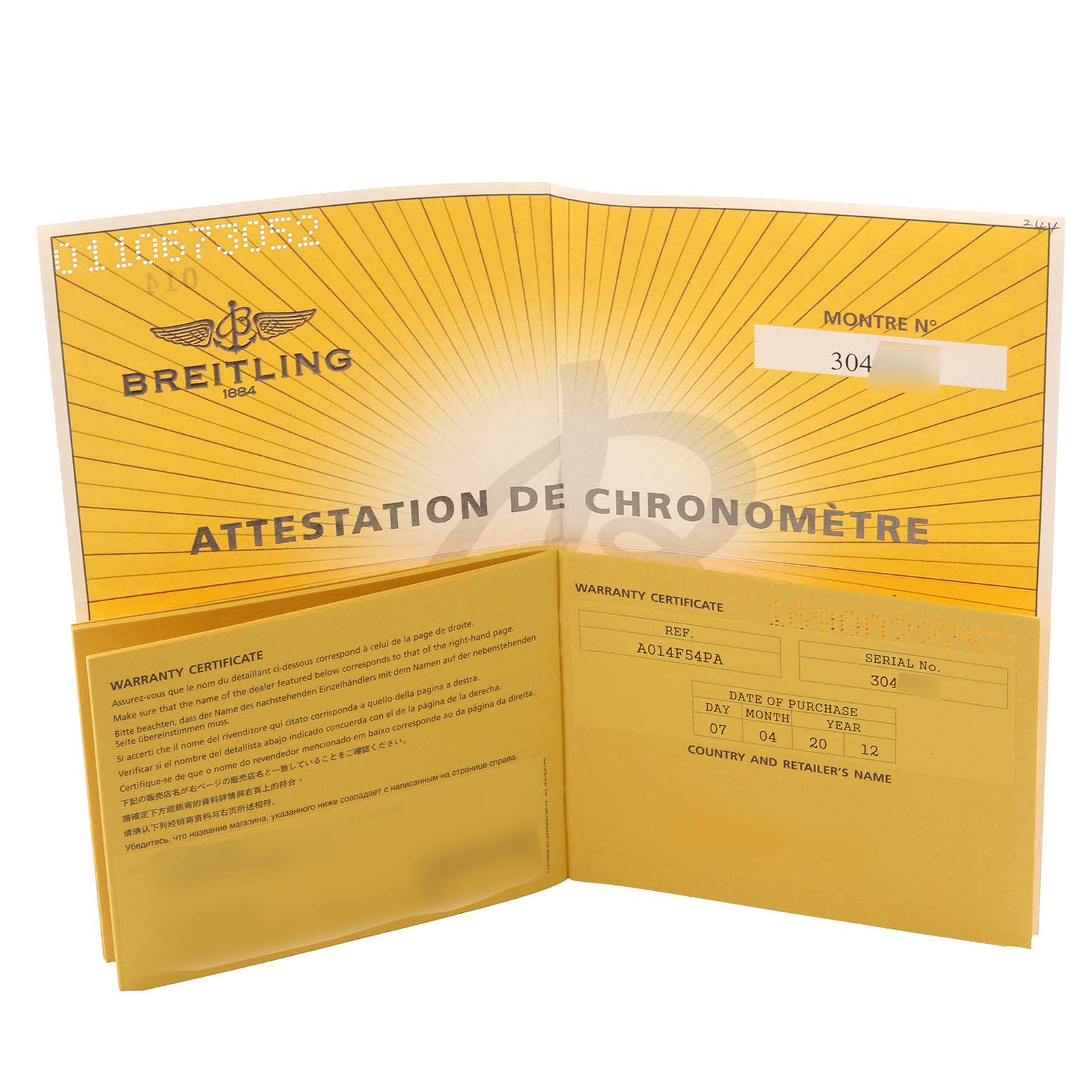 The image shows a Breitling Chronomat AB0140 Men's Stainless Steel Grey Dial AB0140 Men's Stainless Steel Grey Dial warranty certificate and attestation booklet from a frontal angle.