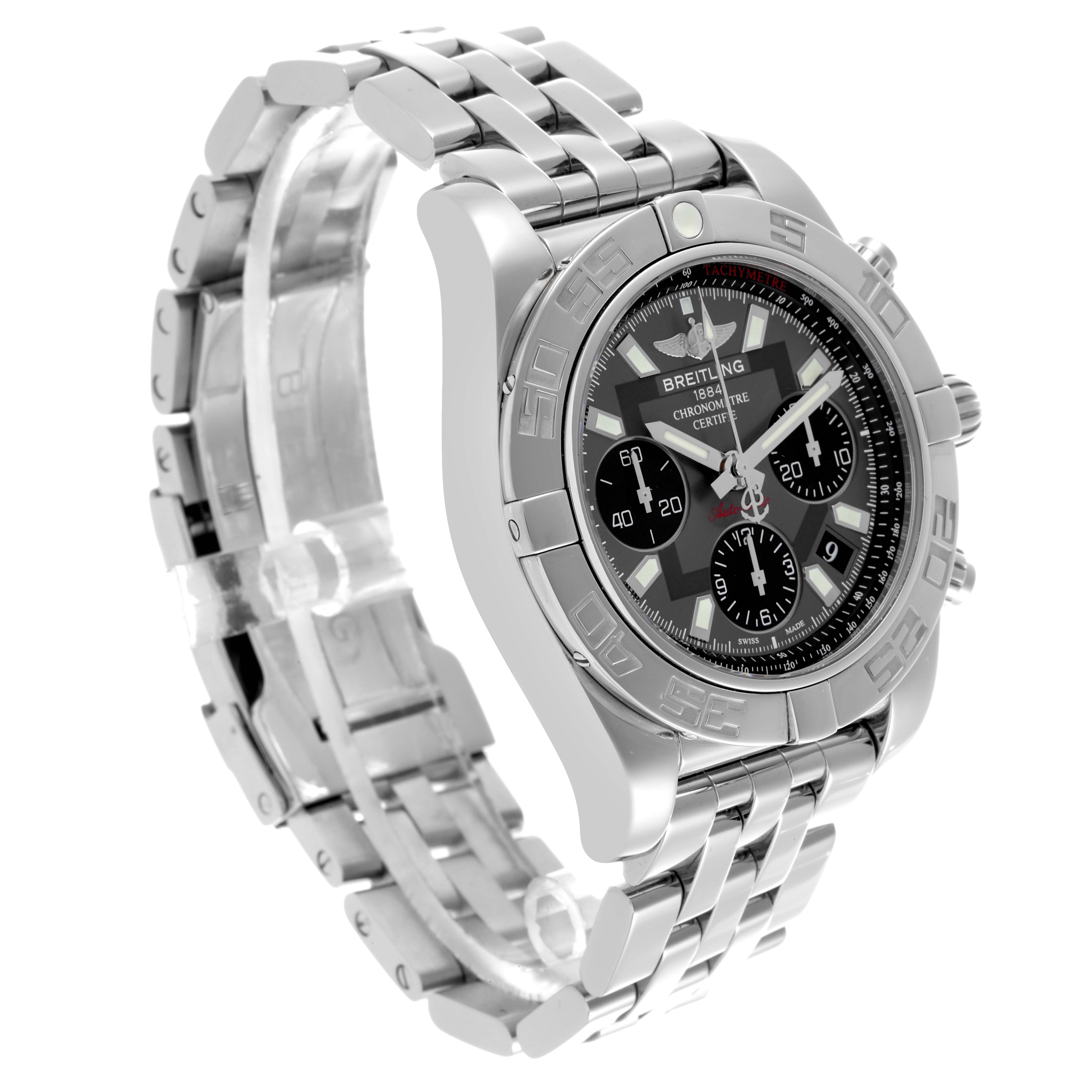 The Breitling Chronomat AB0140 Men's Stainless Steel Grey Dial AB0140 Men's Stainless Steel Grey Dial is shown at an angled side view, highlighting the case, bezel, dial, and stainless steel bracelet.
