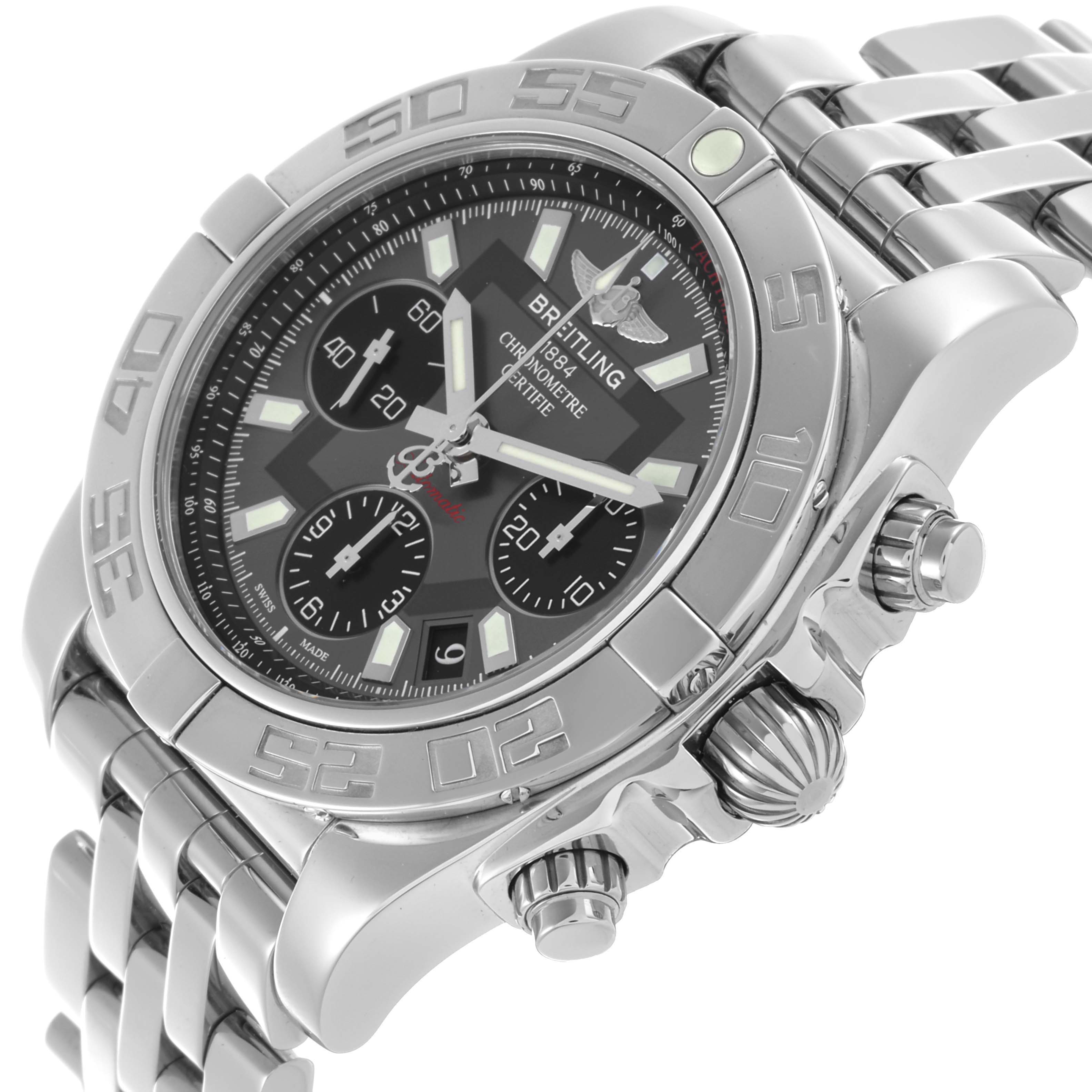 The Breitling Chronomat AB0140 Men's Stainless Steel Grey Dial AB0140 Men's Stainless Steel Grey Dial watch is shown at an angle highlighting the face, bezel, crown, and steel bracelet.