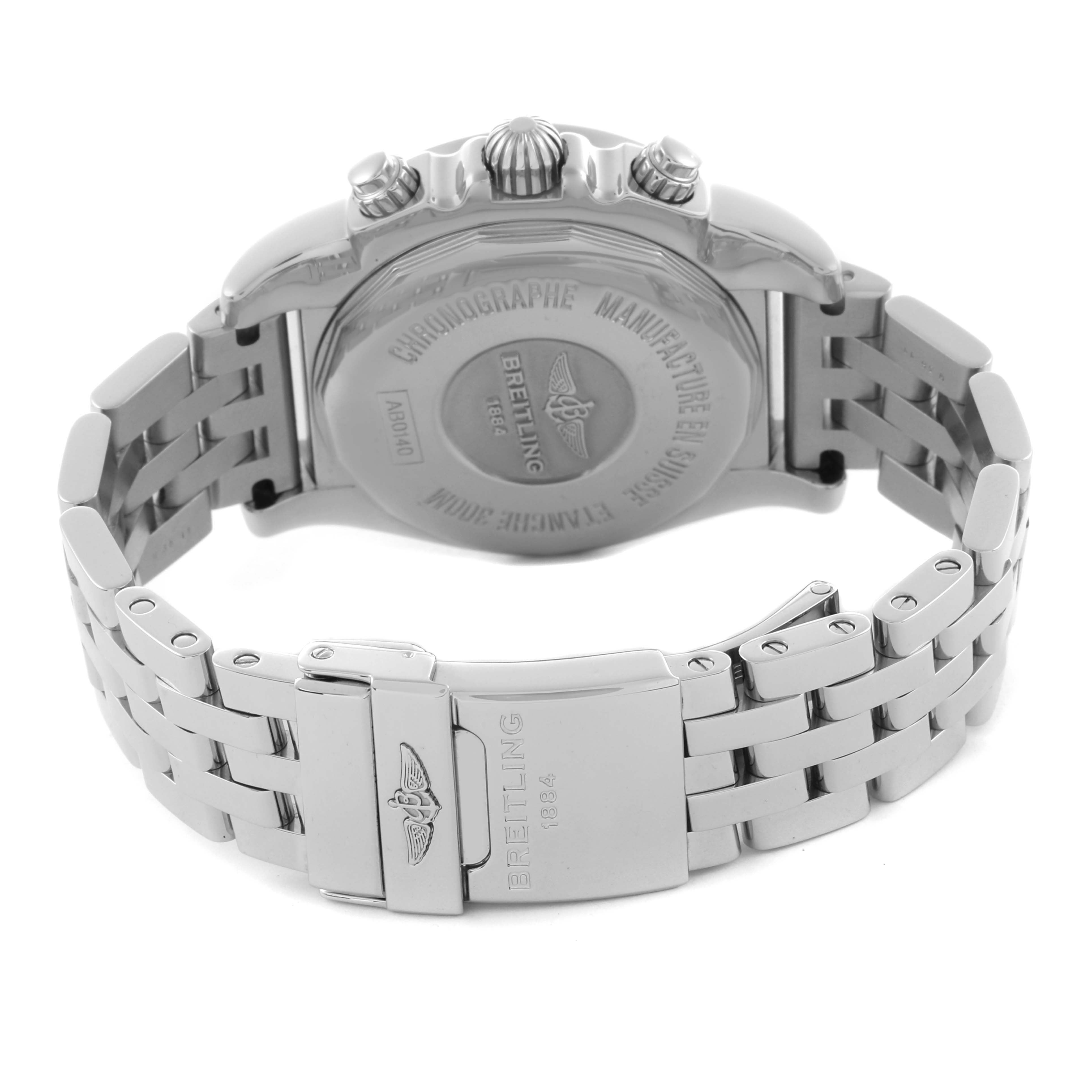 The image shows the back of the Breitling Chronomat AB0140 Men's Stainless Steel Grey Dial AB0140 Men's Stainless Steel Grey Dial watch, highlighting the caseback, clasp, and stainless steel bracelet.