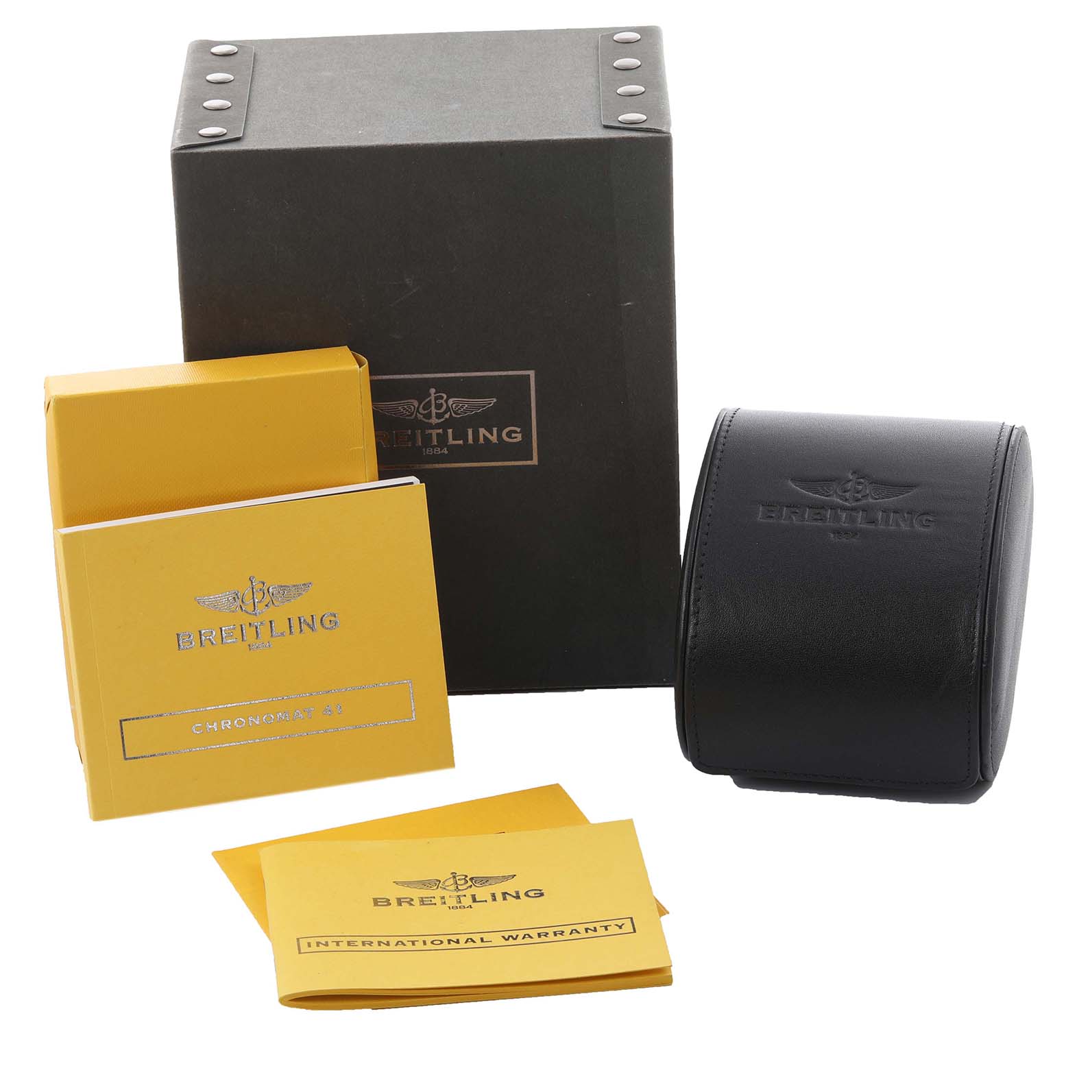 The image shows the Breitling Chronomat AB0140 Men's Stainless Steel Grey Dial AB0140 Men's Stainless Steel Grey Dial box, manuals, and a leather case, all viewed from above.