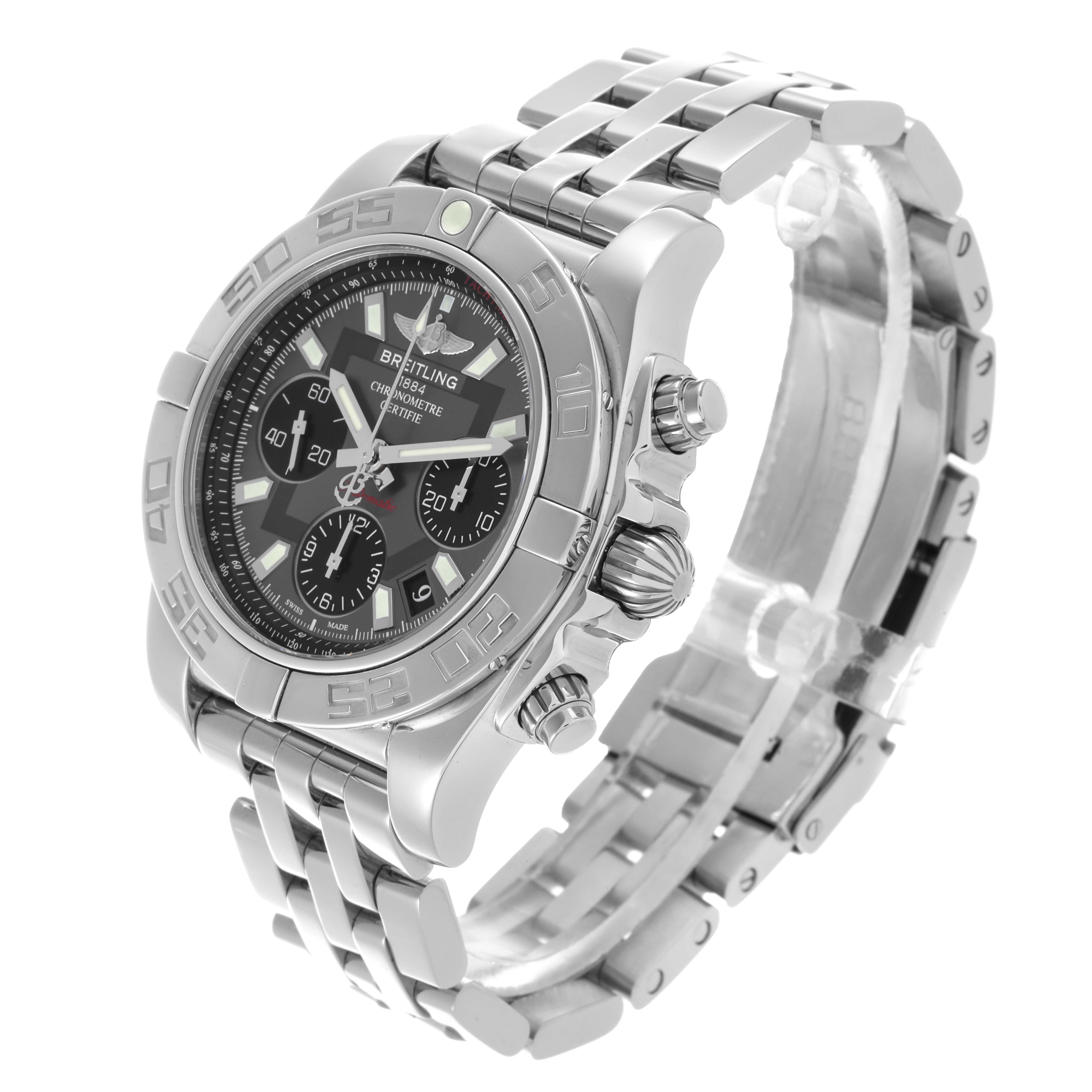 The Breitling Chronomat AB0140 Men's Stainless Steel Grey Dial AB0140 Men's Stainless Steel Grey Dial watch is shown from a three-quarter angle, highlighting the face, bezel, crown, and bracelet.