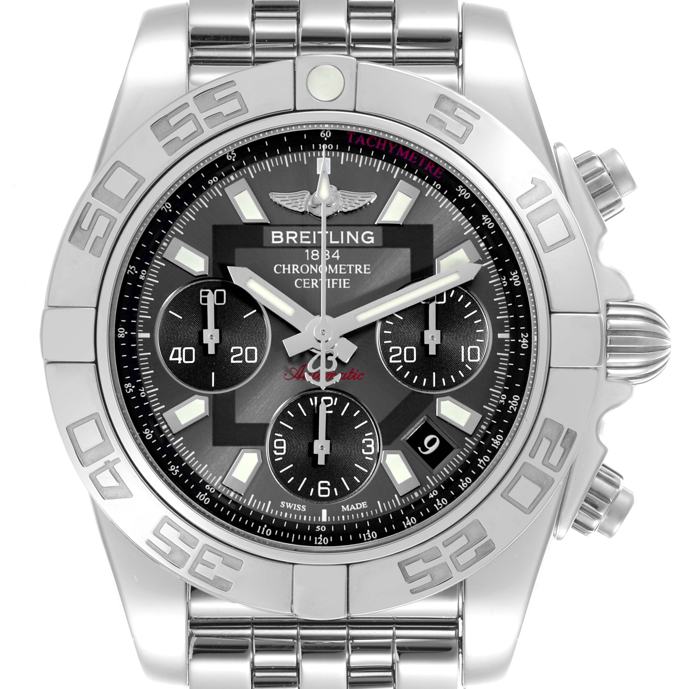 The Breitling Chronomat AB0140 Men's Stainless Steel Grey Dial AB0140 Men's Stainless Steel Grey Dial watch is shown from a front angle, displaying the dial, bezel, and bracelet.