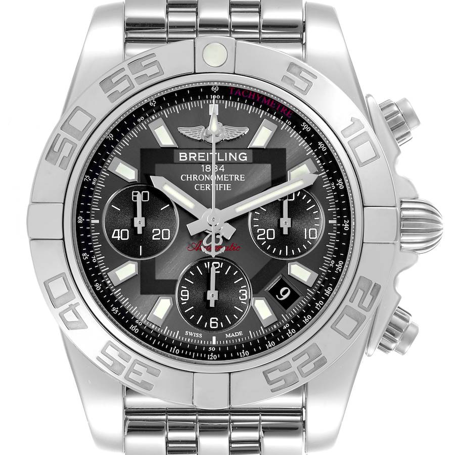 The Breitling Chronomat watch is shown from a front angle, displaying the dial, bezel, and bracelet.