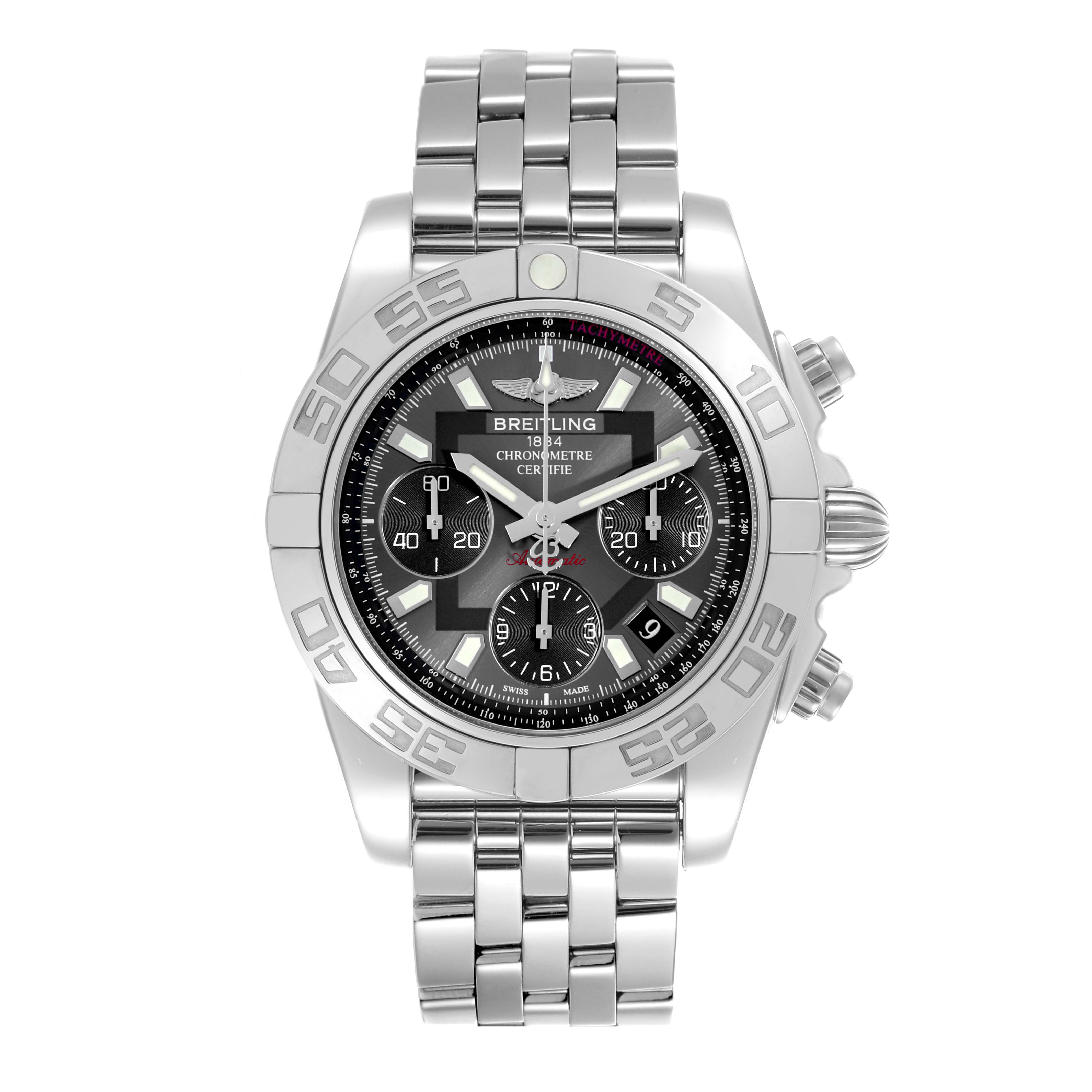 The Breitling Chronomat AB0140 Men's Stainless Steel Grey Dial AB0140 Men's Stainless Steel Grey Dial watch is shown from the front, displaying its face, bezel, and bracelet.
