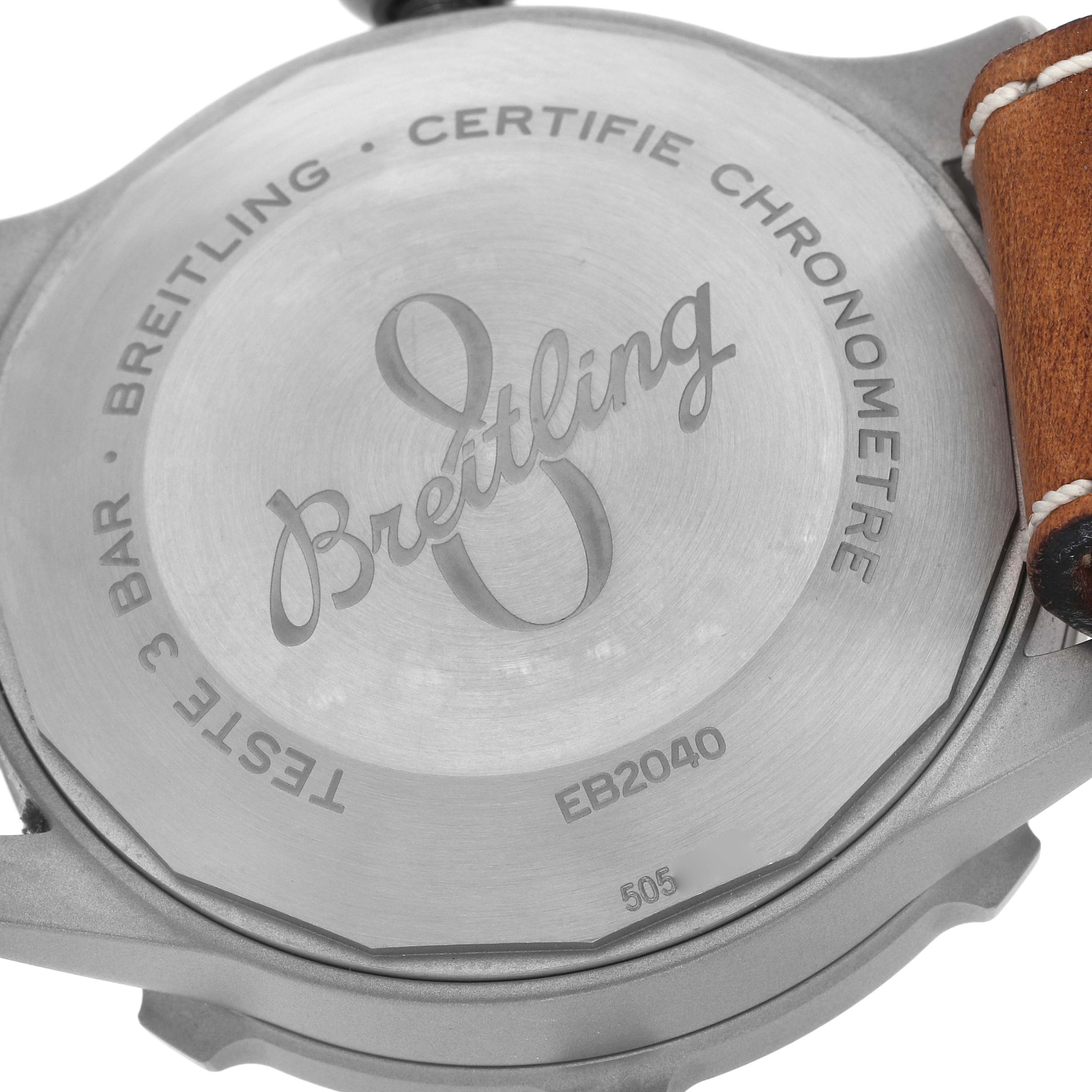 The image shows the back of the Breitling Navitimer EB2040101L1X1 Men's Titanium Green Dial, displaying its case and engraving details.