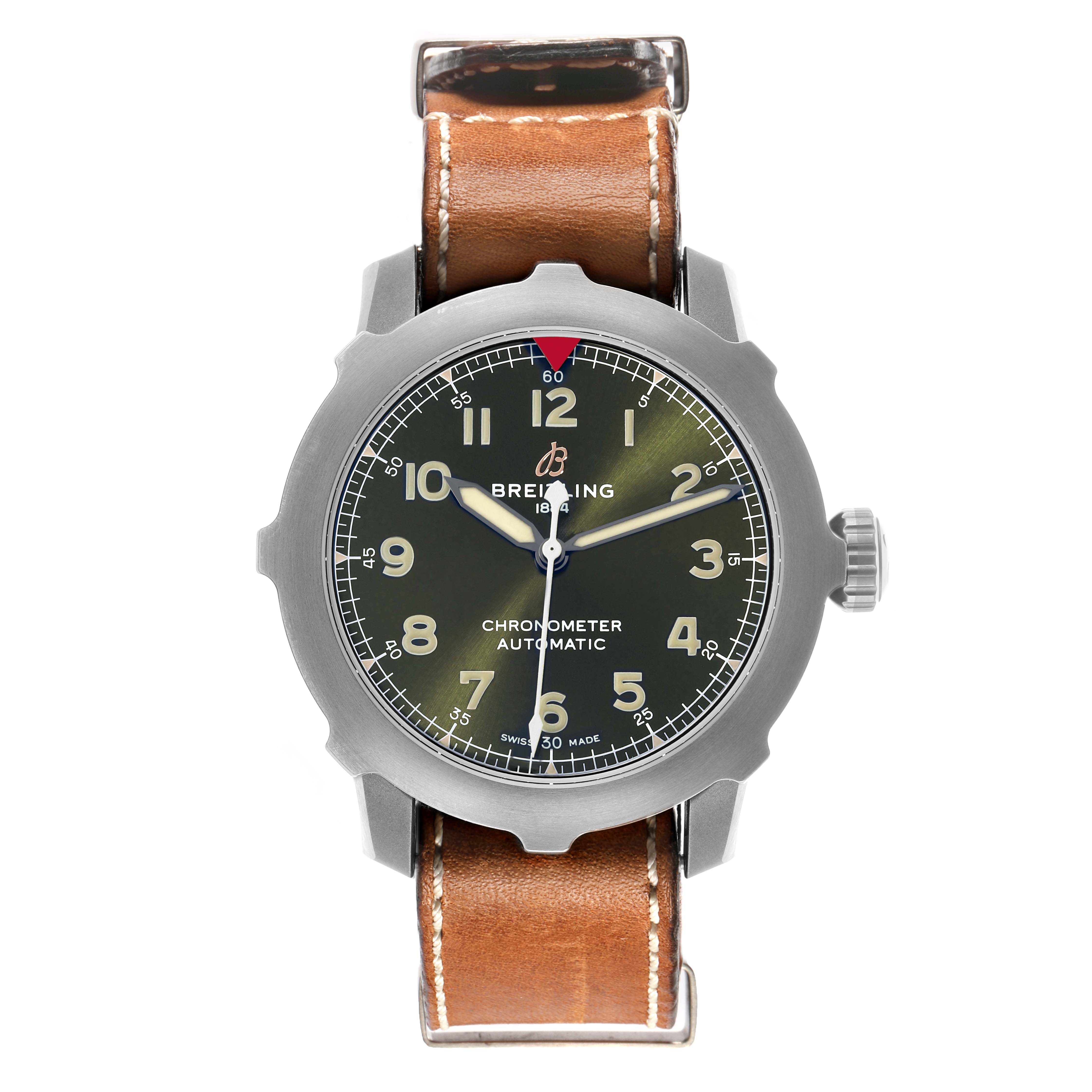The Breitling Navitimer EB2040101L1X1 Men's Titanium Green Dial watch is shown from the front, displaying the face, bezel, and brown leather strap.