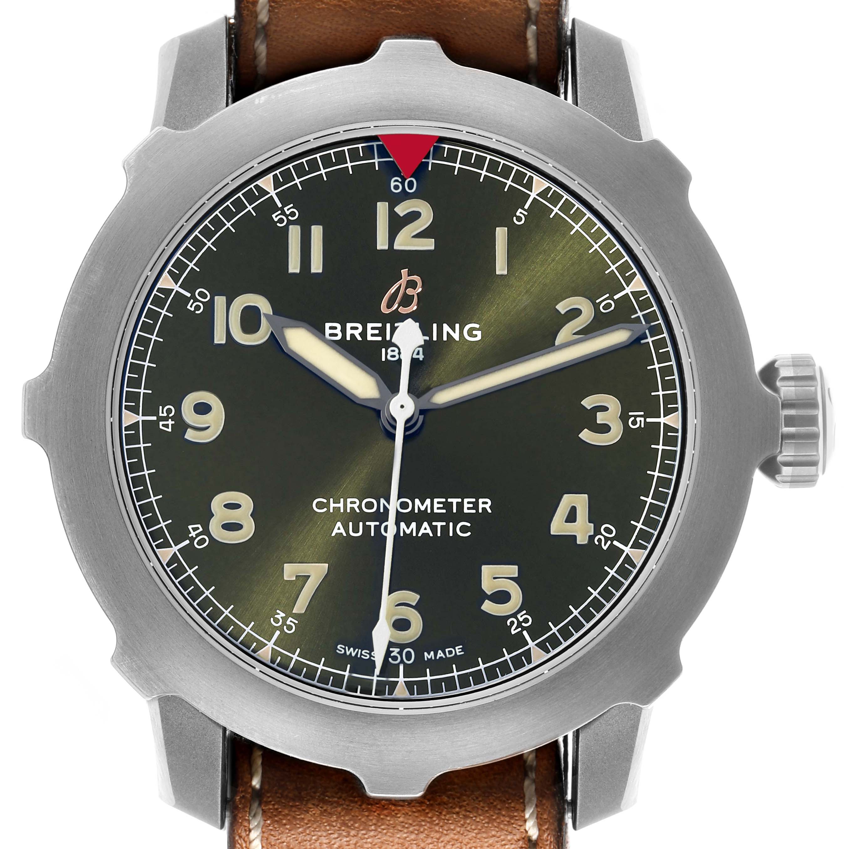 The Breitling Navitimer EB2040101L1X1 Men's Titanium Green Dial watch is shown from a front angle, highlighting the dial, bezel, and brown leather strap.