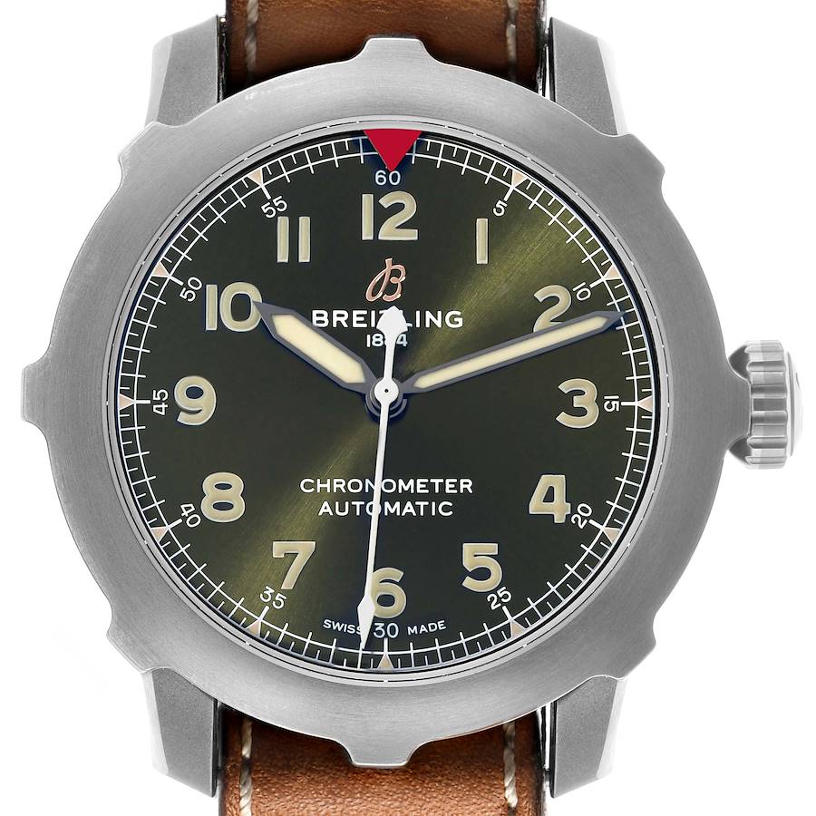 The Breitling Navitimer EB2040101L1X1 Men's Titanium Green Dial watch is shown from a front angle, highlighting the dial, bezel, and brown leather strap.