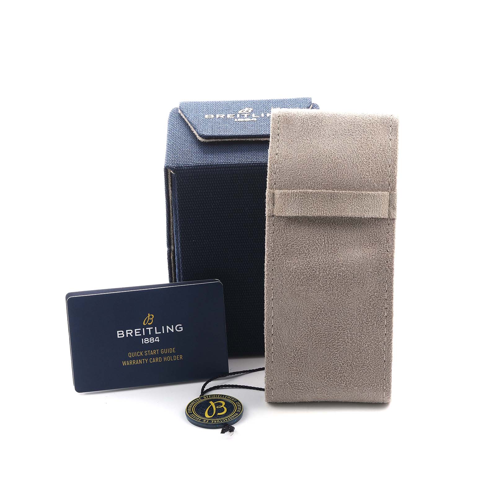 The image shows a Breitling Navitimer EB2040101L1X1 Men's Titanium Green Dial watch box, suede pouch, quick start guide, and warranty card holder.