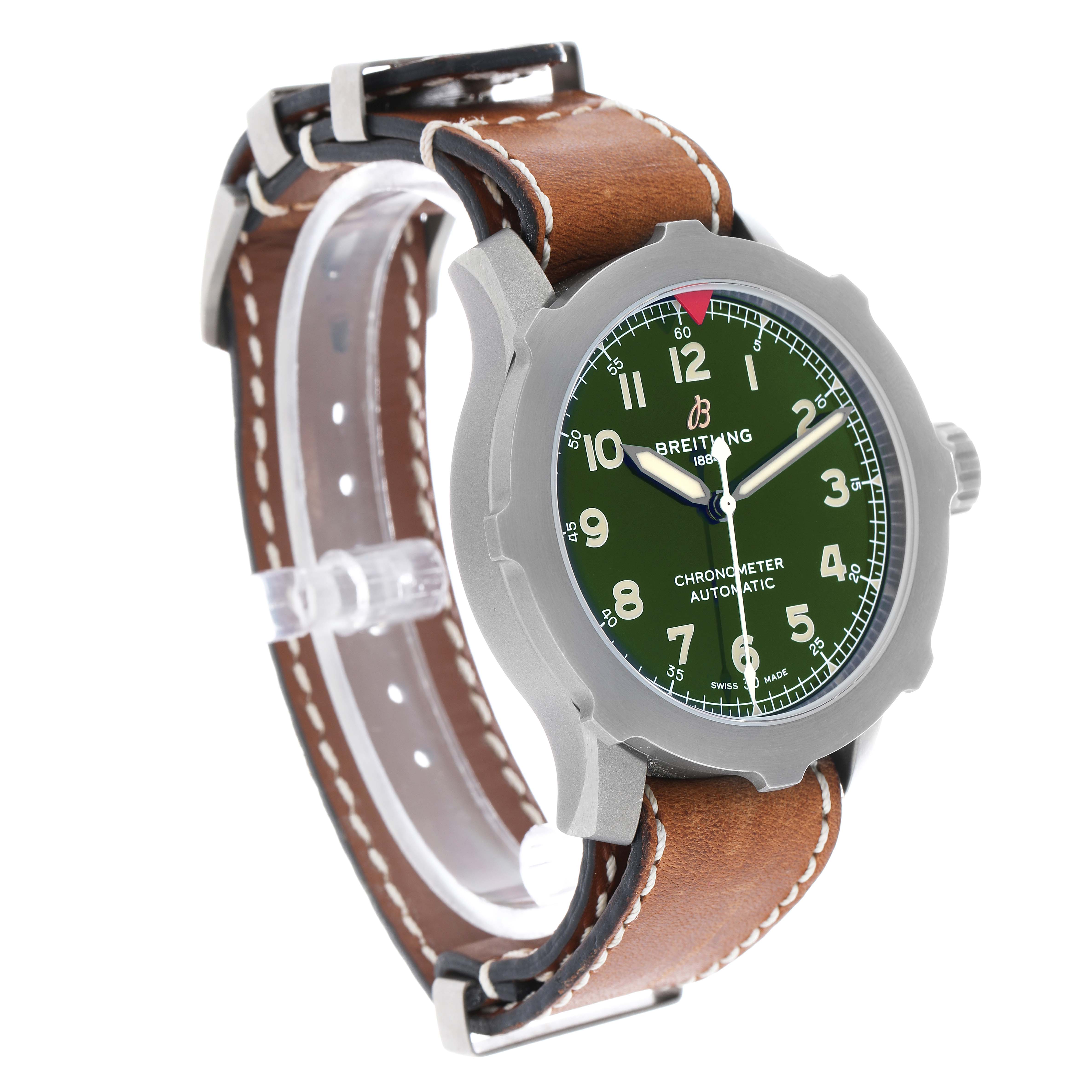 This Breitling Navitimer EB2040101L1X1 Men's Titanium Green Dial watch is shown at a slight angle, displaying its green dial, bezel, and brown leather strap.