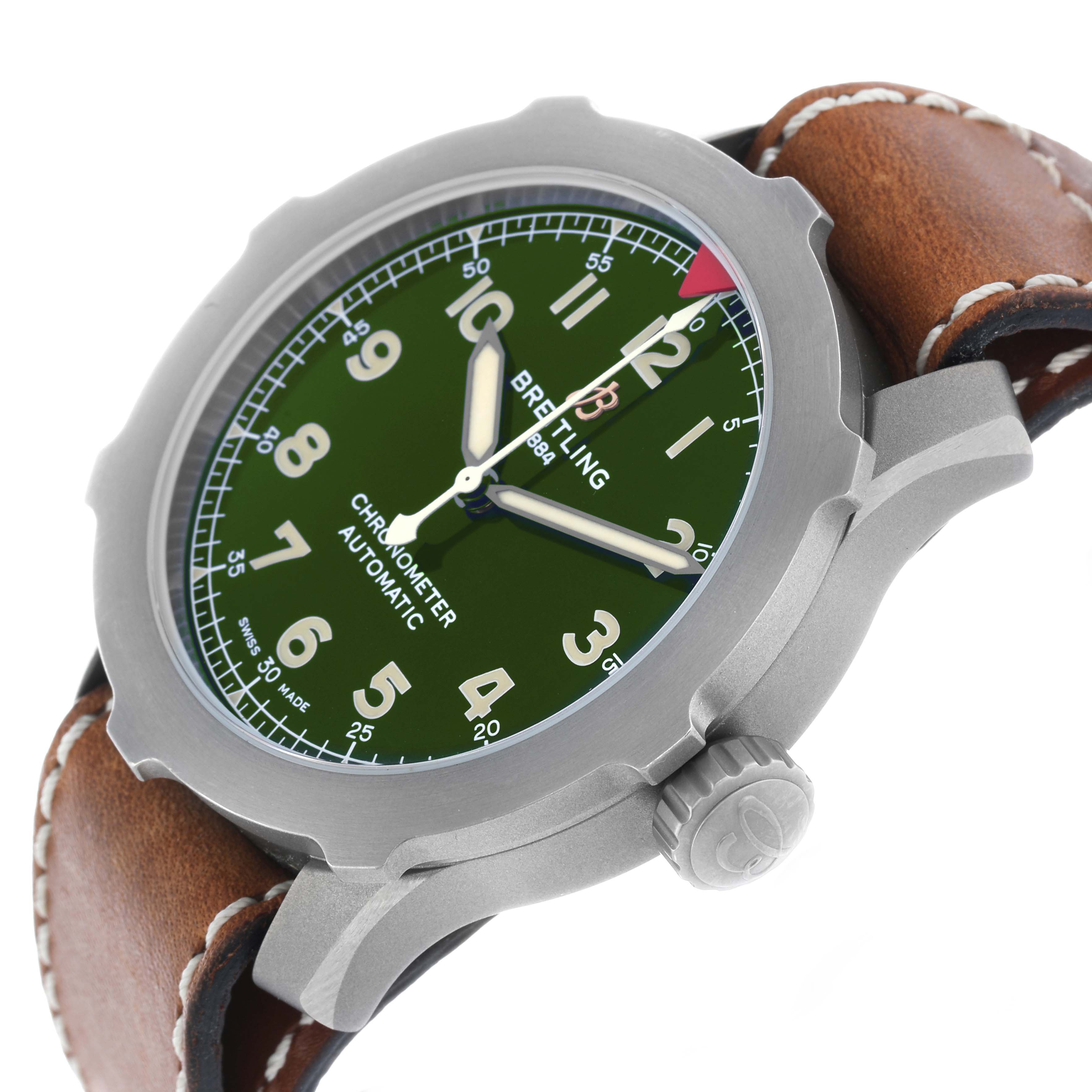 The Breitling Navitimer EB2040101L1X1 Men's Titanium Green Dial watch is shown at an angle highlighting the green dial, bezel, and brown leather strap, viewed from the side.