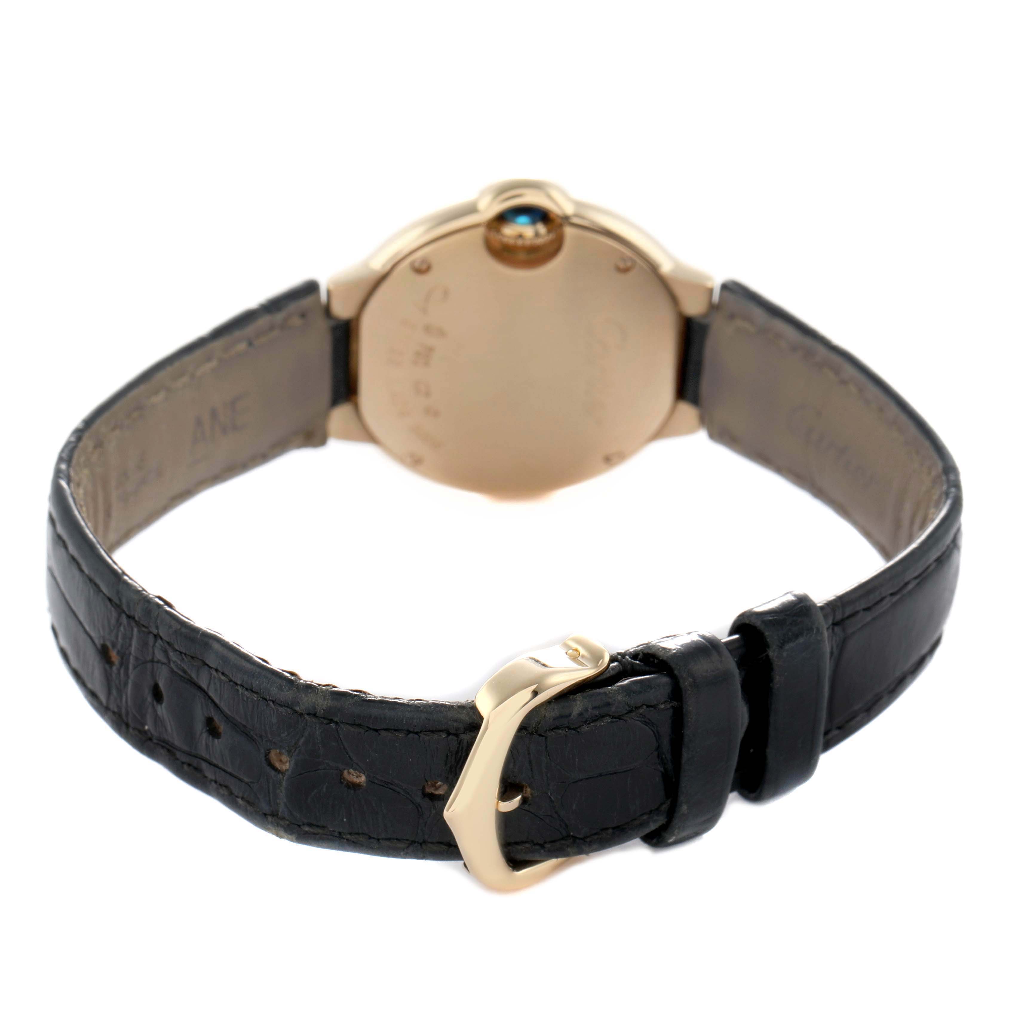 The image shows the back of the Cartier Ballon Bleu W6900156 Women's Yellow Gold Silver Dial watch, highlighting the case back, crown, and leather strap with buckle.