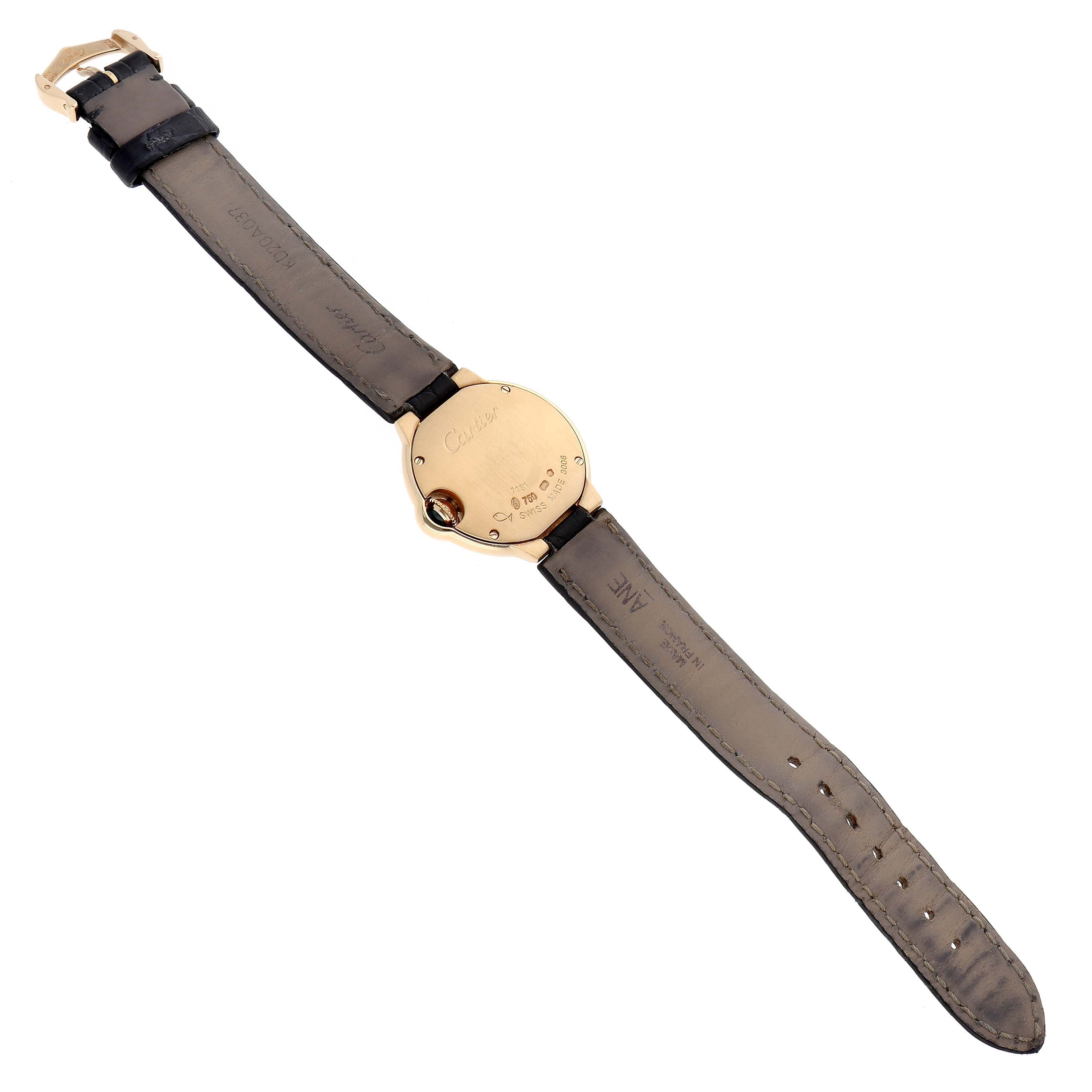 The image shows the back of a Cartier Ballon Bleu W6900156 Women's Yellow Gold Silver Dial watch, highlighting the strap and case back.