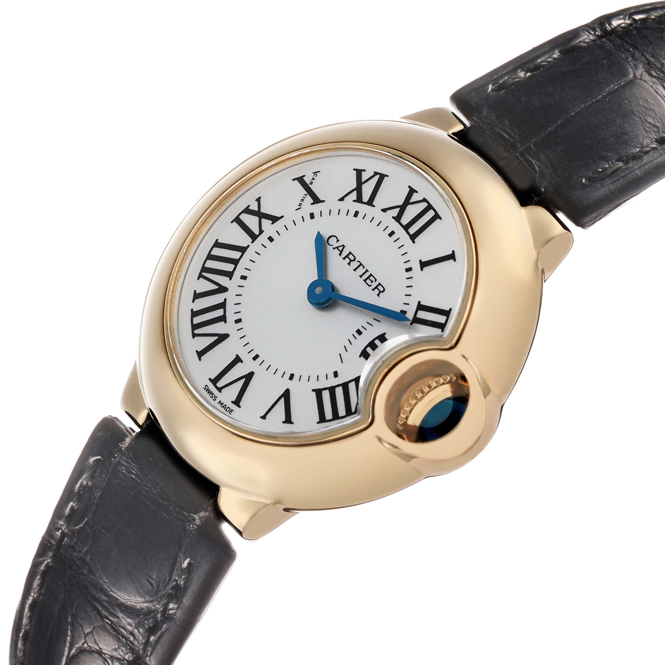 The Cartier Ballon Bleu W6900156 Women's Yellow Gold Silver Dial watch is shown at an angle highlighting the face, Roman numerals, blue hands, and the signature crown.