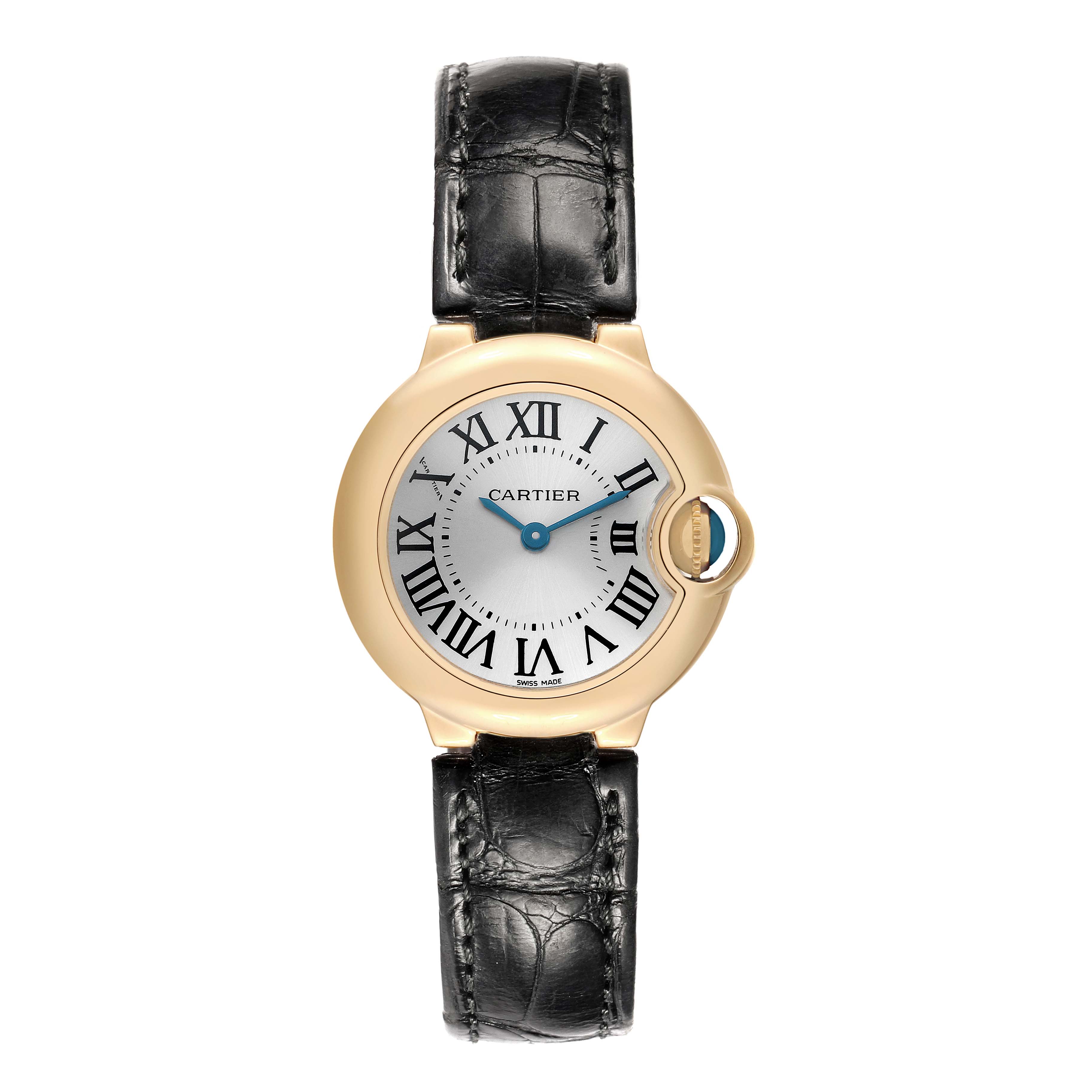 The Cartier Ballon Bleu W6900156 Women's Yellow Gold Silver Dial watch is shown from the front, displaying its face, Roman numerals, blue hands, and leather strap.