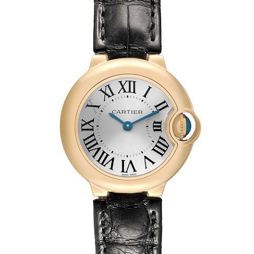 The Cartier Ballon Bleu W6900156 Women's Yellow Gold Silver Dial watch is shown from the front, highlighting the face, Roman numerals, and crown.