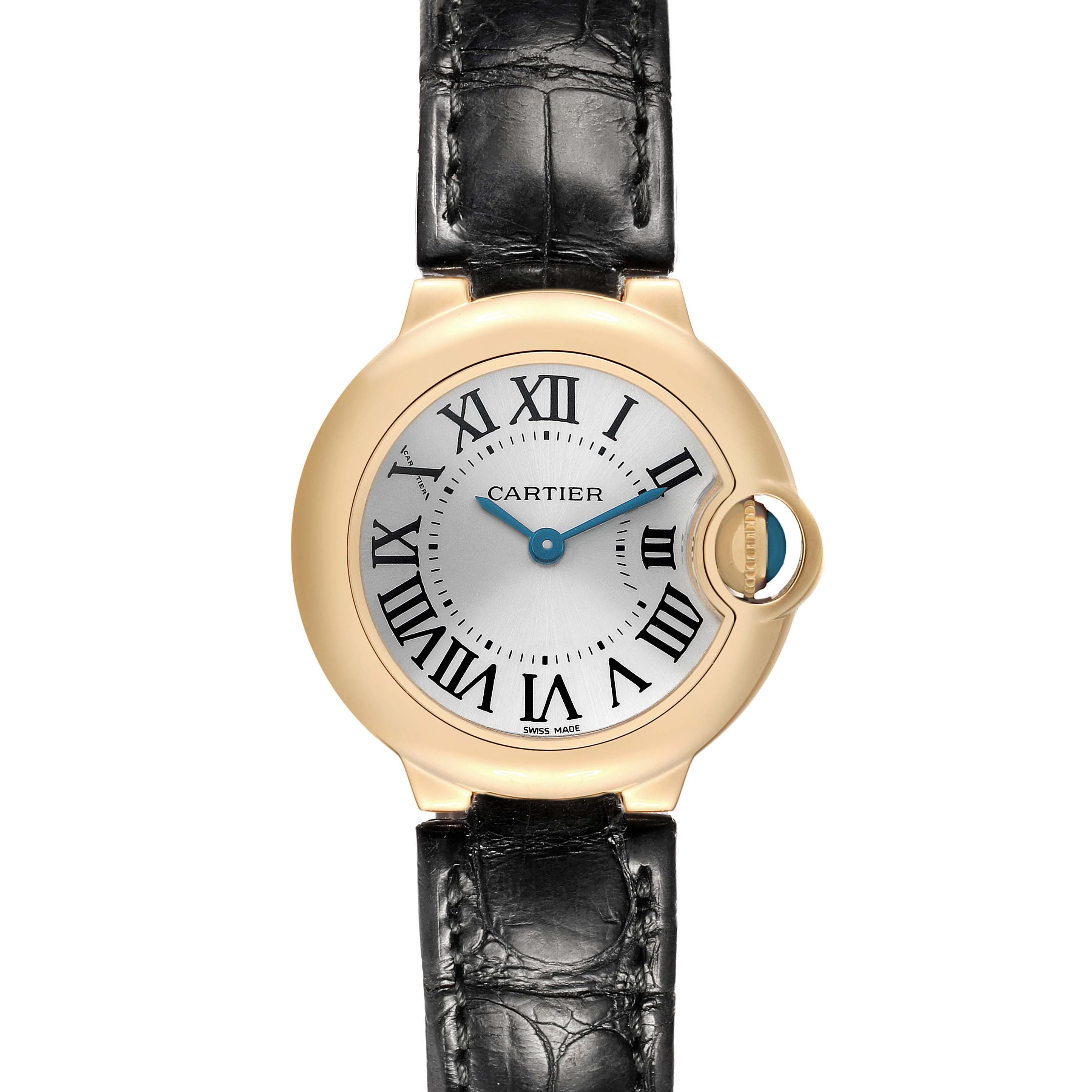 The Cartier Ballon Bleu W6900156 Women's Yellow Gold Silver Dial watch is shown from a top-down view, displaying the face, Roman numerals, blue hands, and black leather strap.