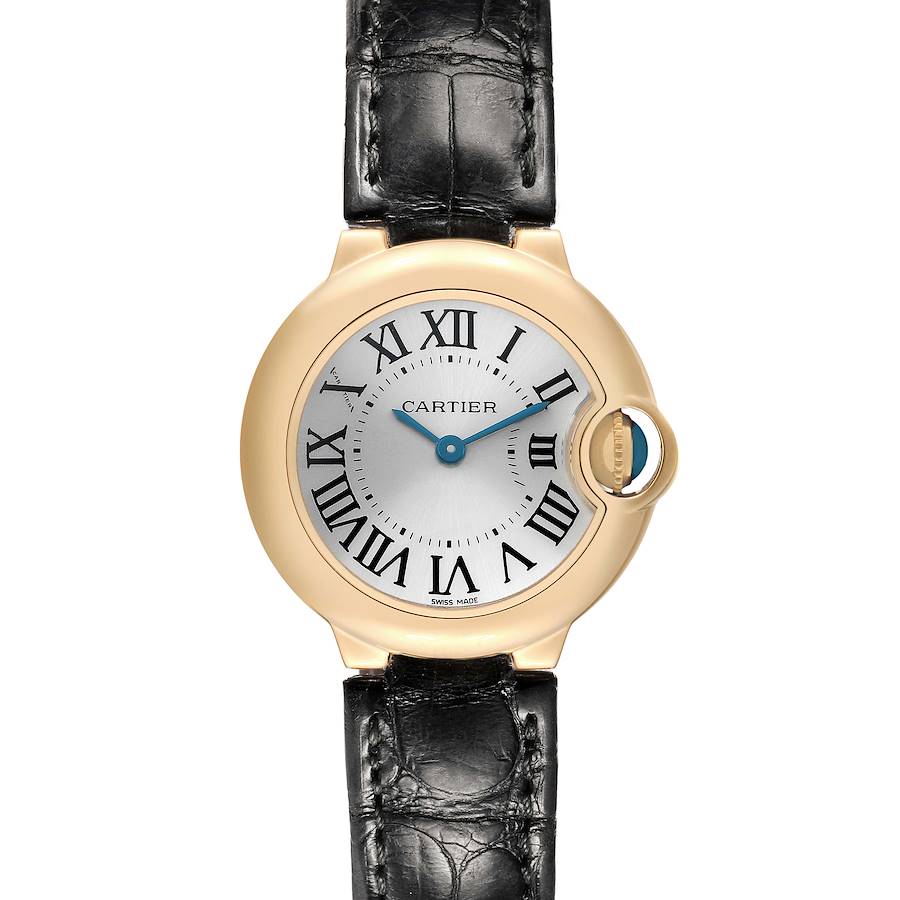 The Cartier Ballon Bleu W6900156 Women's Yellow Gold Silver Dial watch is shown from a top-down view, displaying the face, Roman numerals, blue hands, and black leather strap.