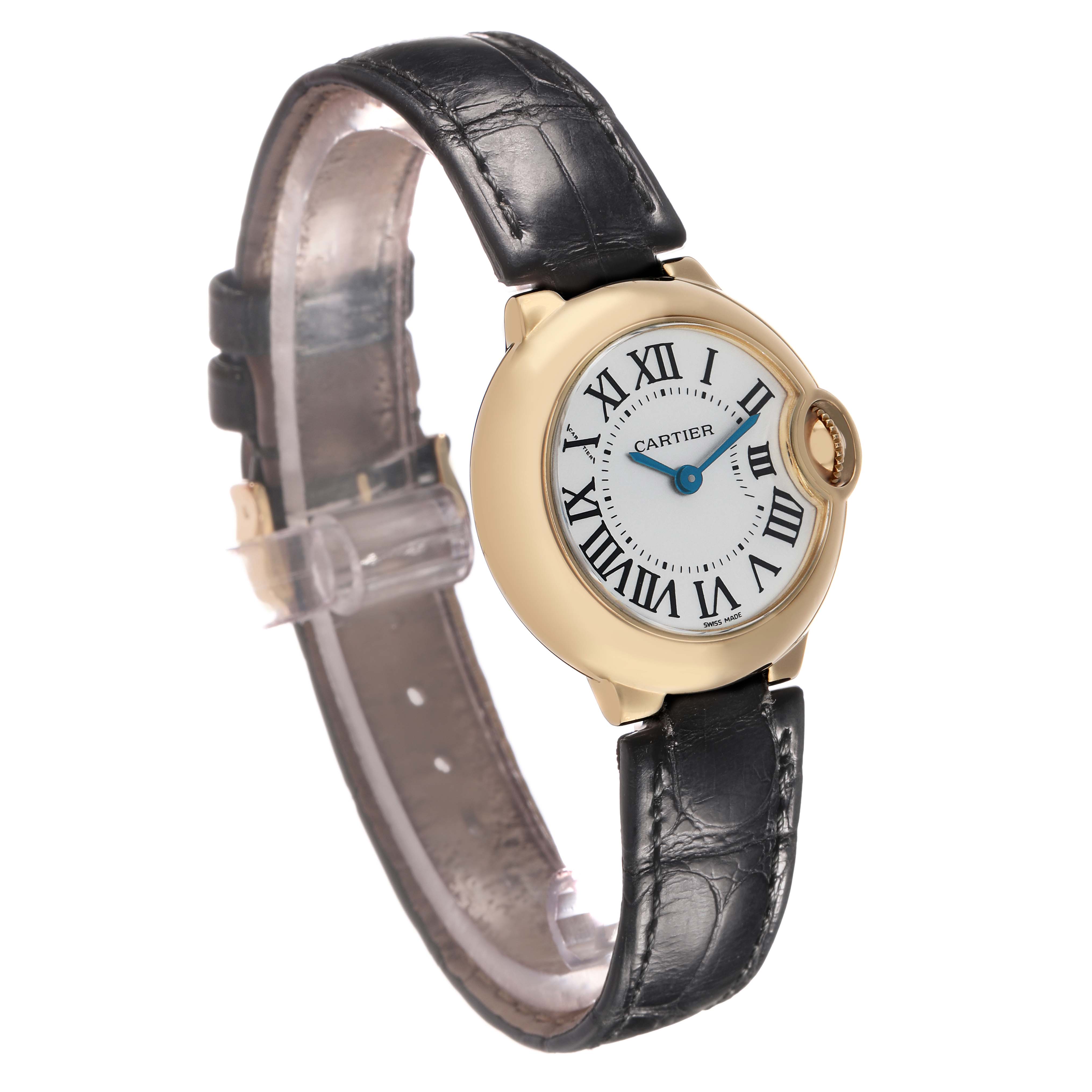 The Cartier Ballon Bleu W6900156 Women's Yellow Gold Silver Dial watch is shown at an angle highlighting its round face, Roman numerals, and leather strap.