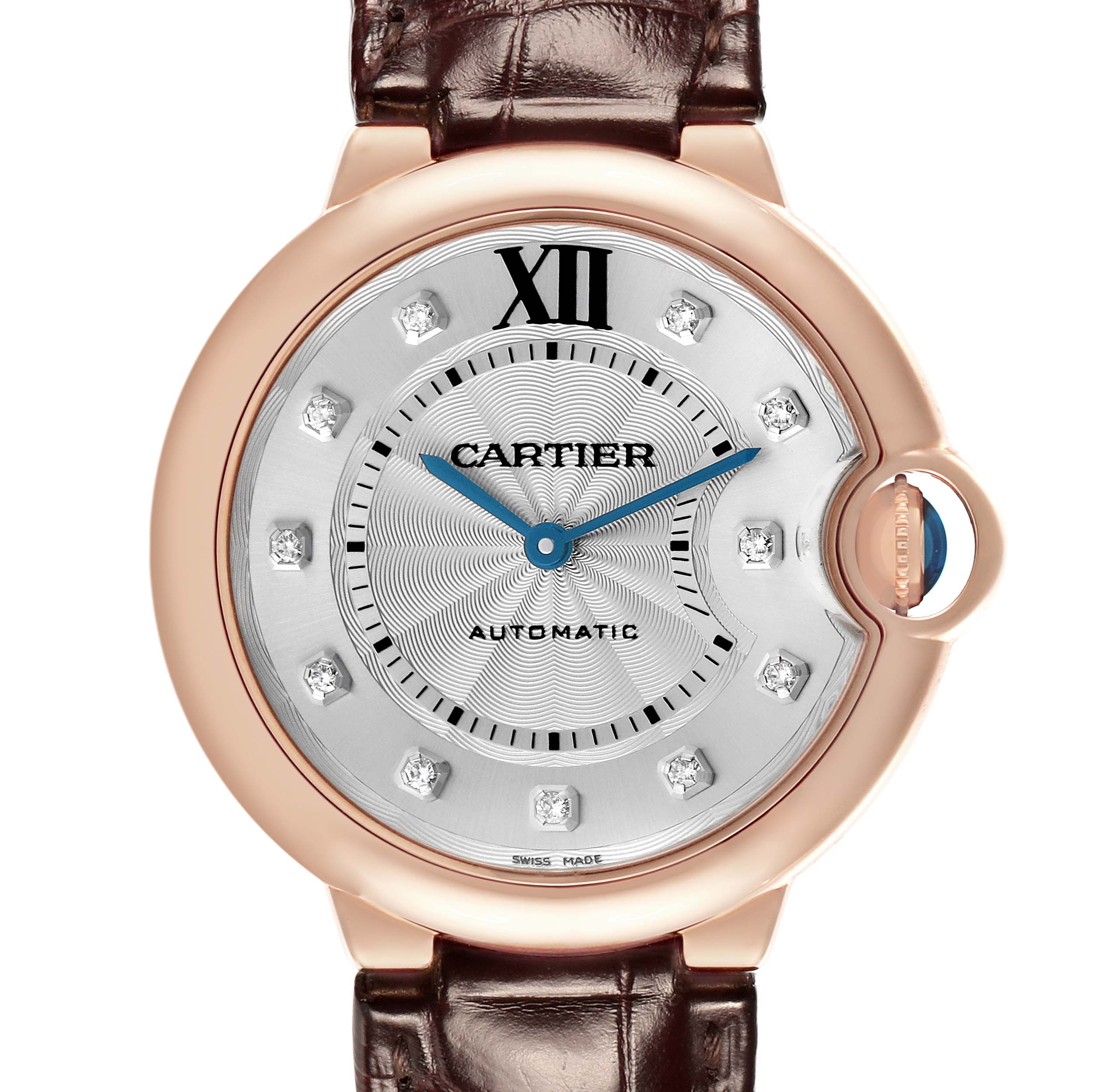 The Cartier Ballon Bleu WJBB0010 Women's Rose Gold Silver Dial watch is shown from the front, highlighting its dial, blue hands, and the distinctive crown.