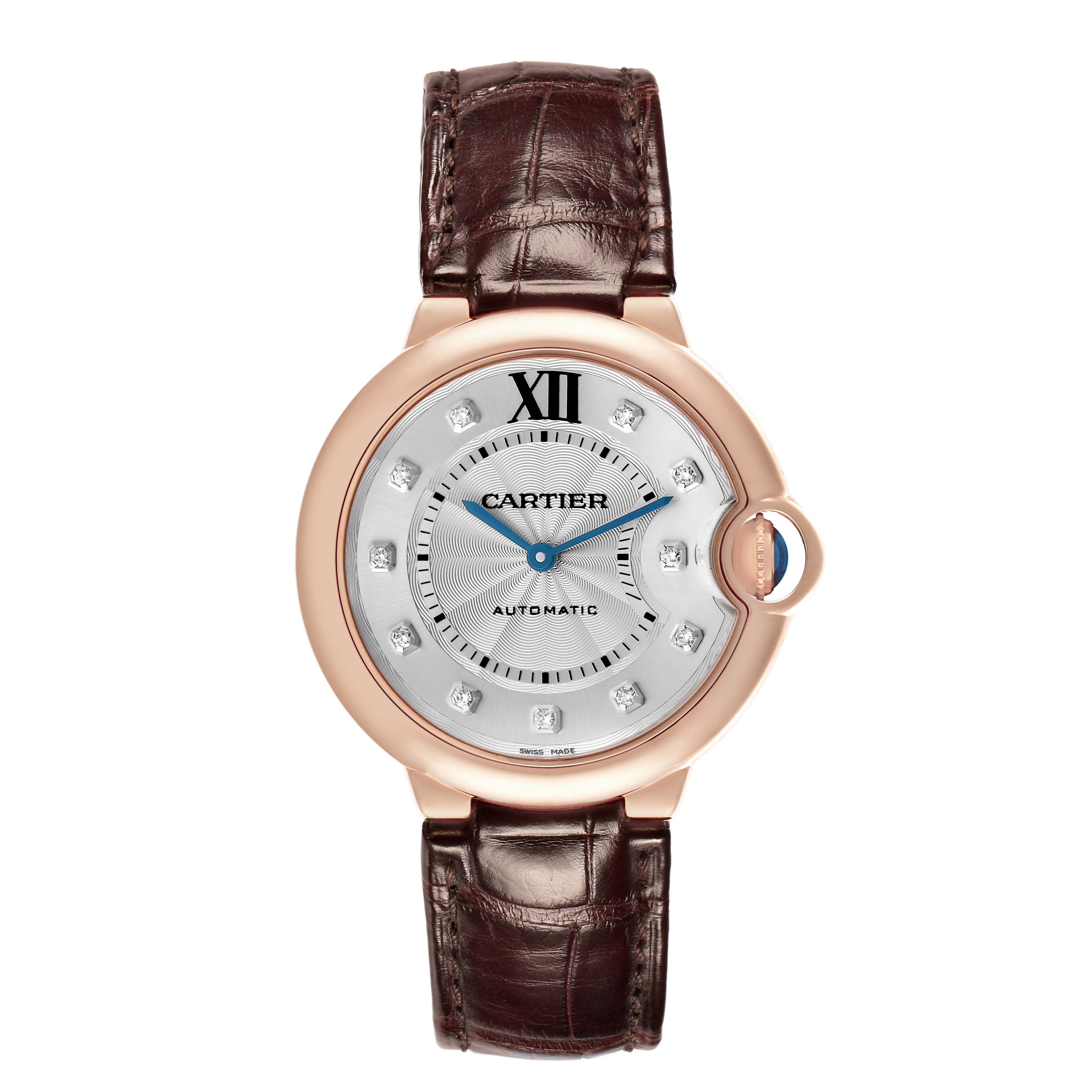 The Cartier Ballon Bleu WJBB0010 Women's Rose Gold Silver Dial watch is shown from a front view, highlighting its dial, crown, and leather strap.