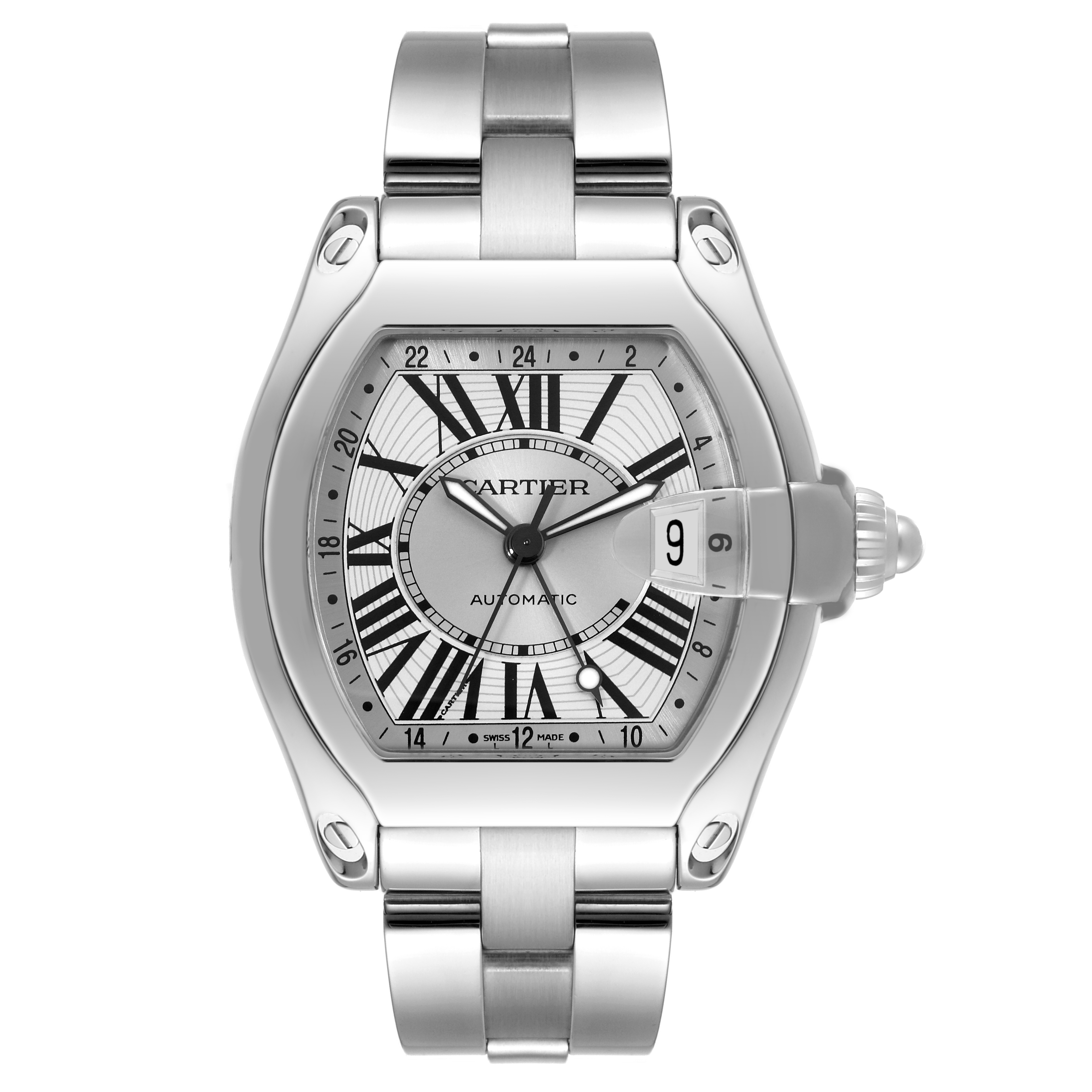 This image shows a Cartier Roadster W62032X6 Men's Stainless Steel Silver Dial W62032X6 Men's Stainless Steel Silver Dial watch from a front angle, displaying the case, dial, and bracelet.